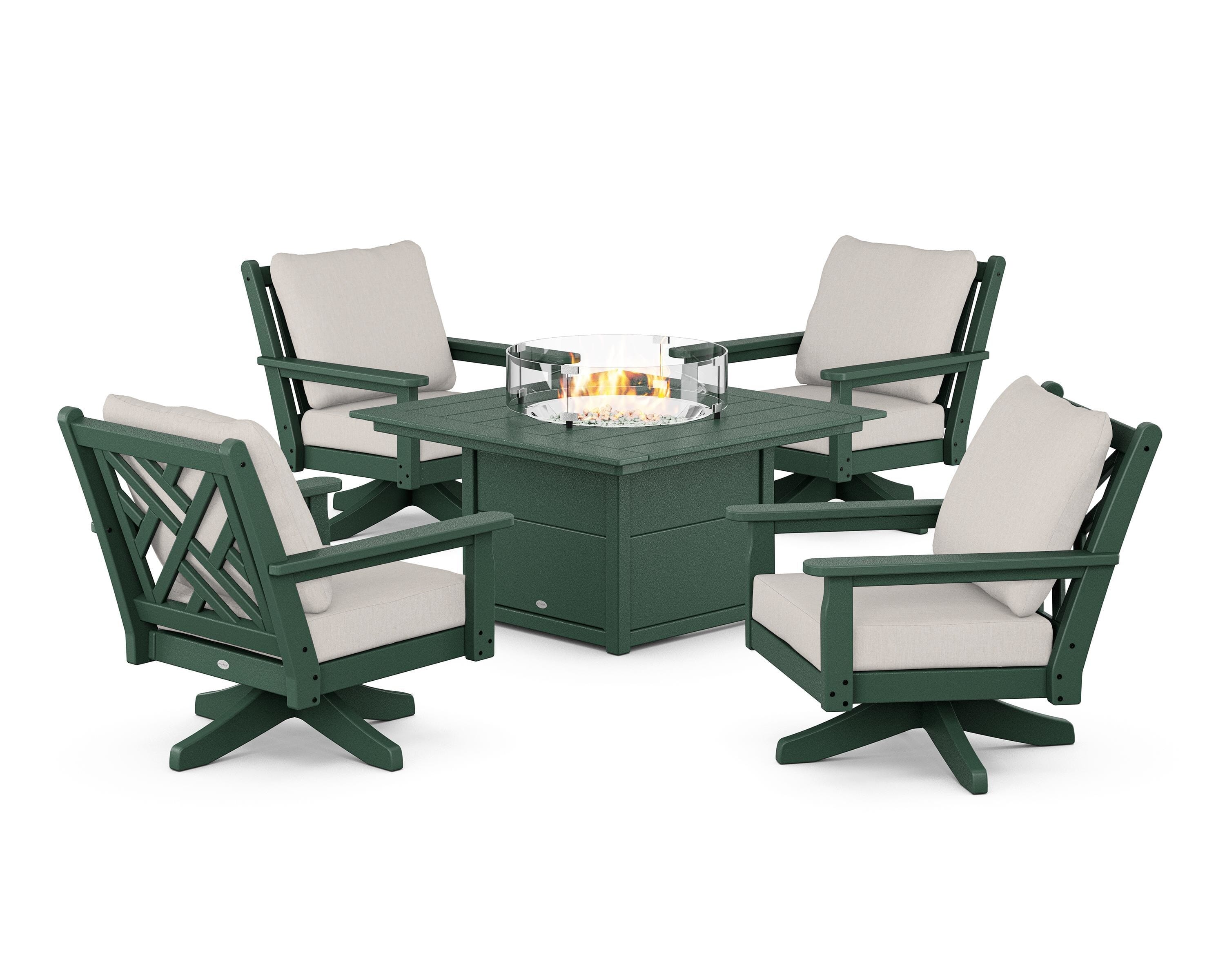 POLYWOOD Chippendale 5-Piece Deep Seating Swivel Conversation Set with Fire Pit Table in Green / Cast Ash