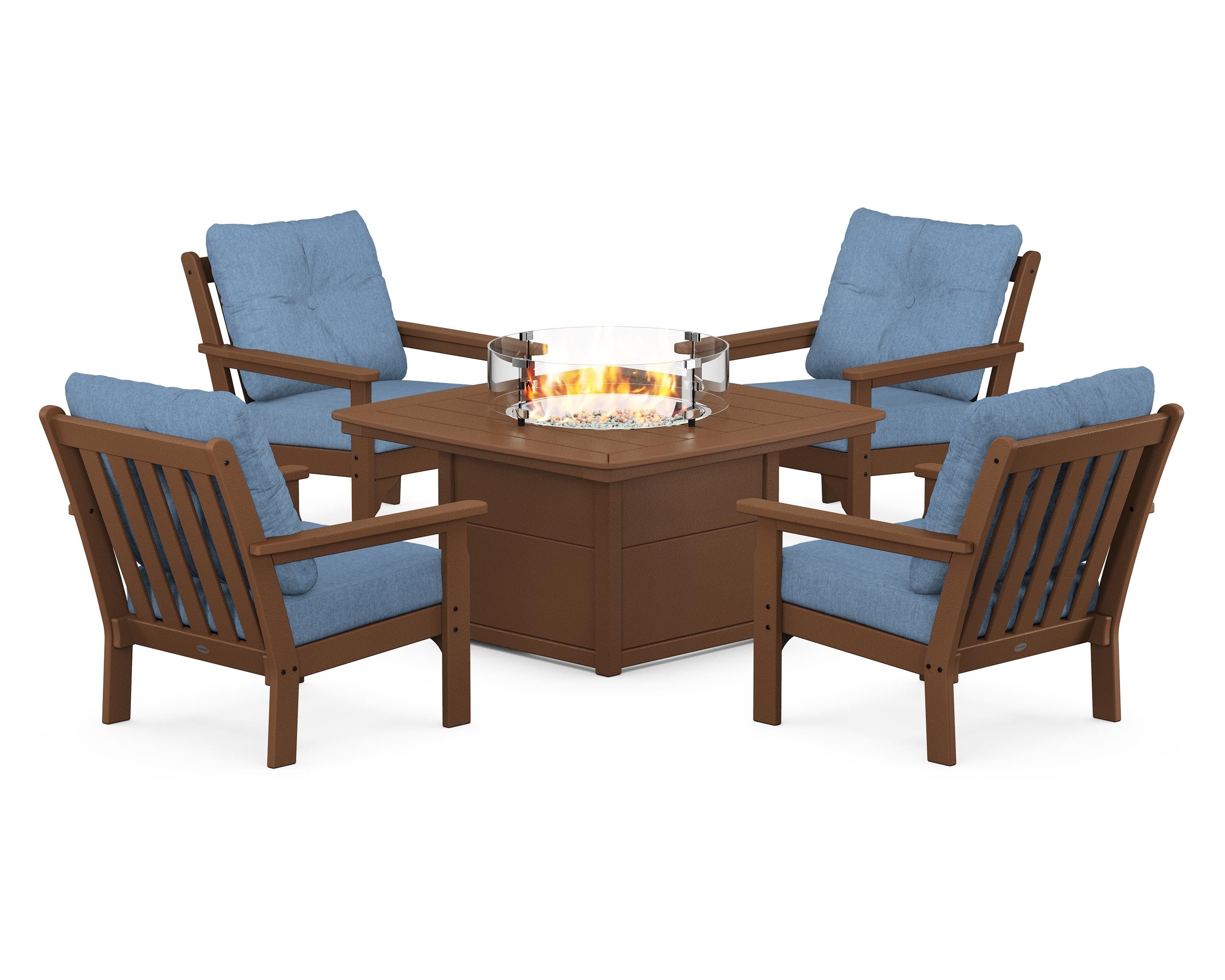 POLYWOOD Vineyard 5-Piece Conversation Set with Fire Pit Table in Teak / Sky Blue