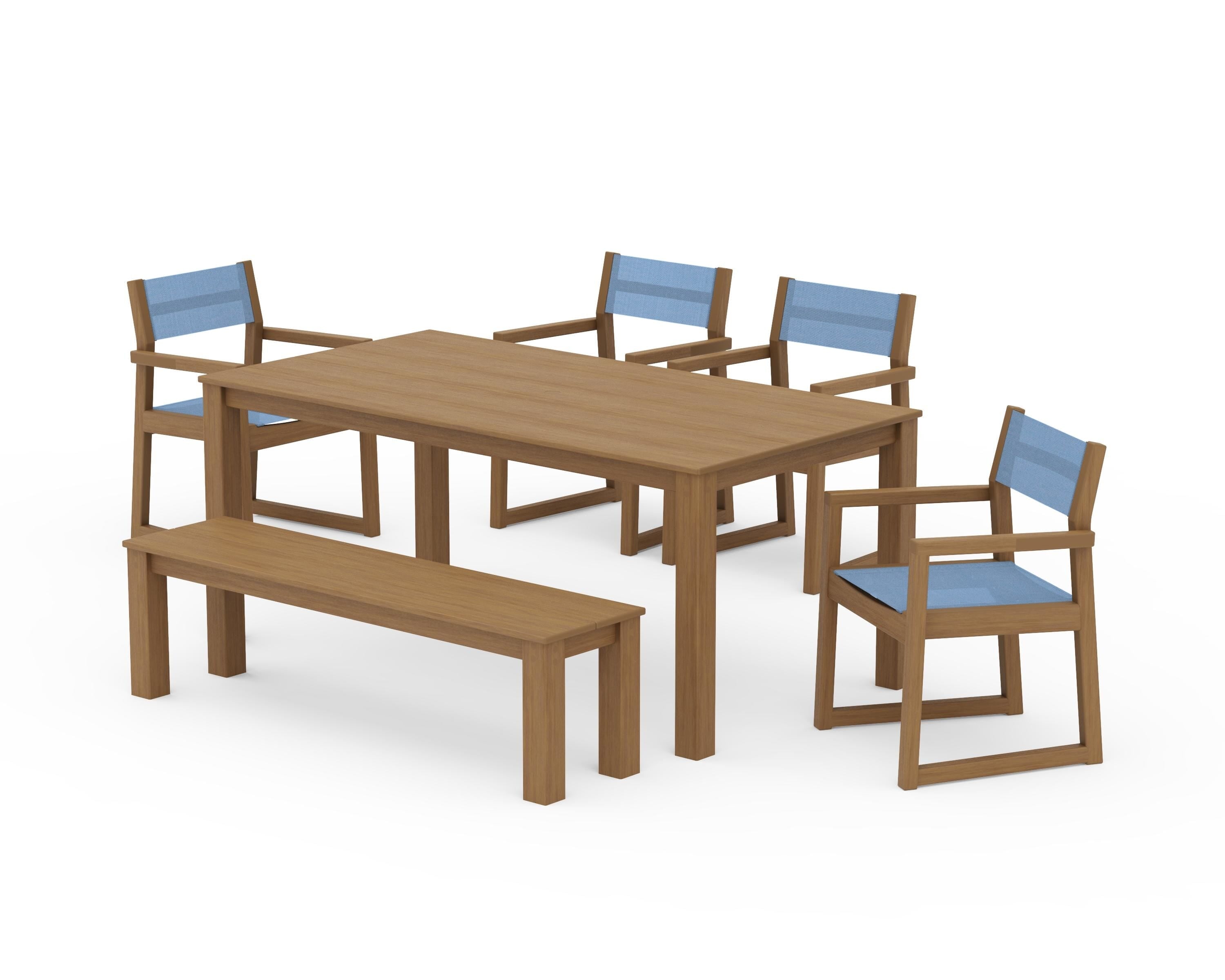 POLYWOOD EDGE Sling Arm Chair 6-Piece Parsons Dining Set with Bench in Natural / Poolside Sling