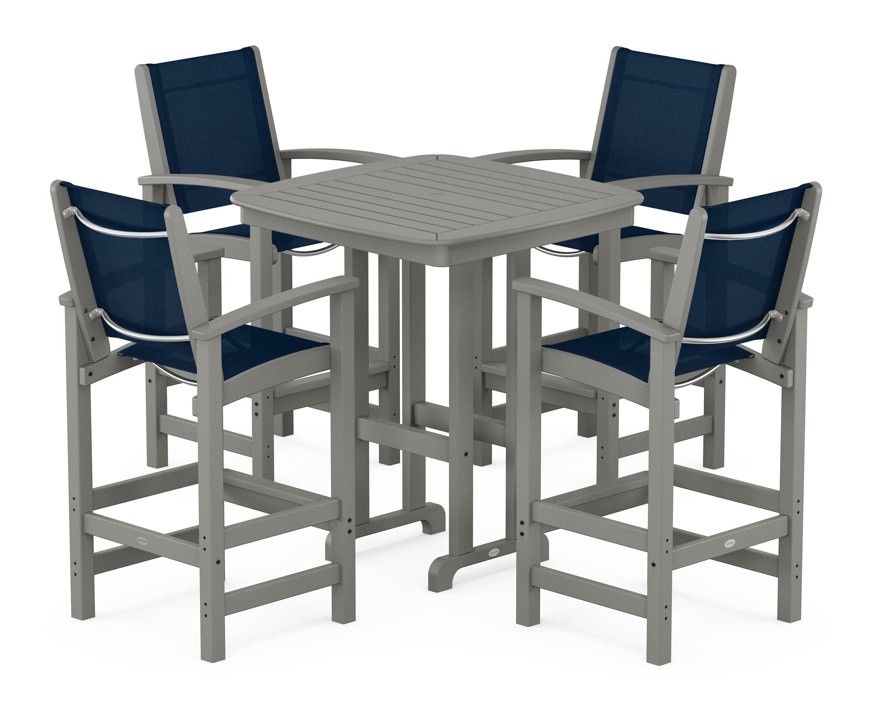 POLYWOOD Coastal 5-Piece Bar Set in Slate Grey / Navy Blue Sling