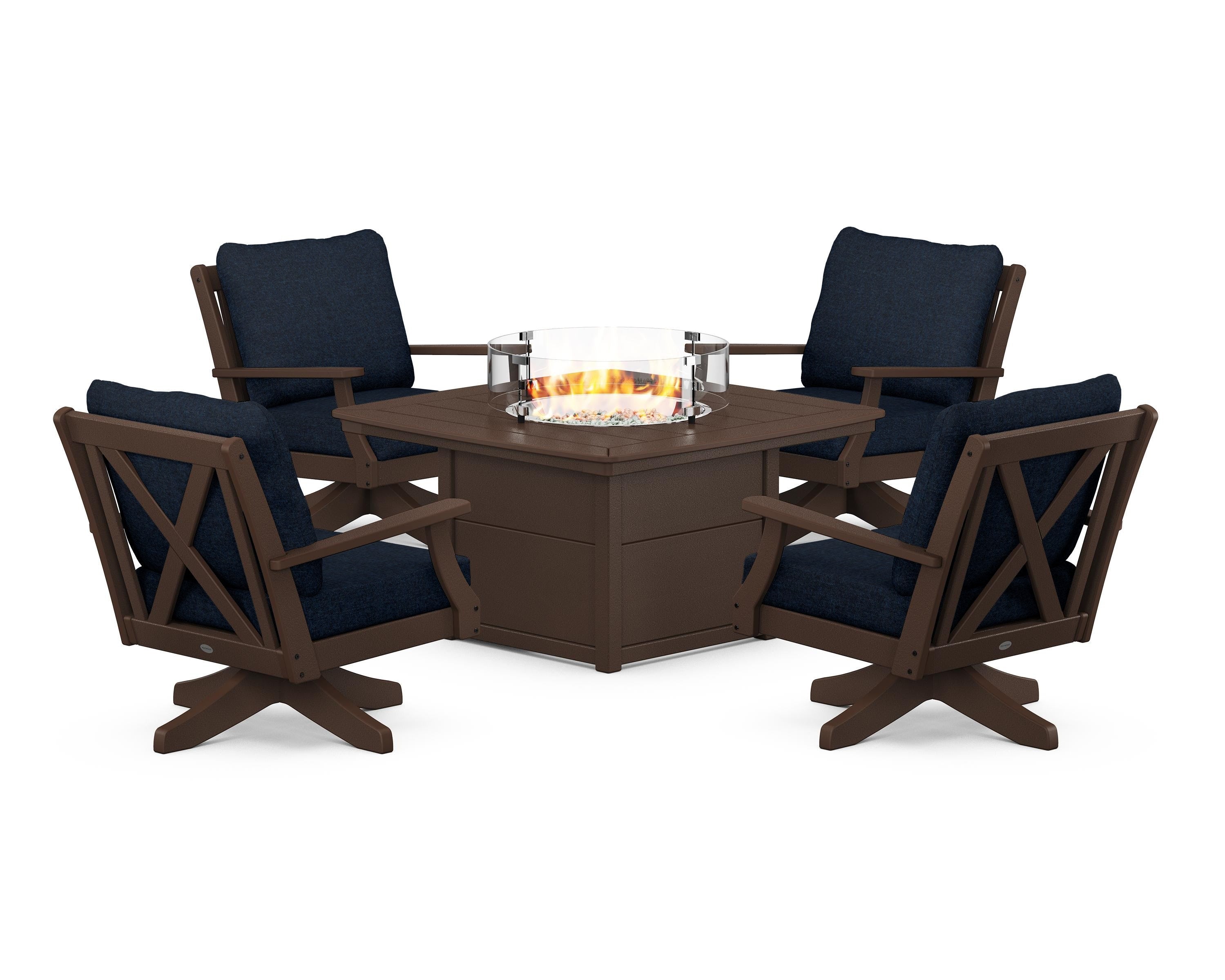 POLYWOOD Braxton 5-Piece Deep Seating Swivel Conversation Set with Fire Pit Table in Mahogany / Marine Indigo