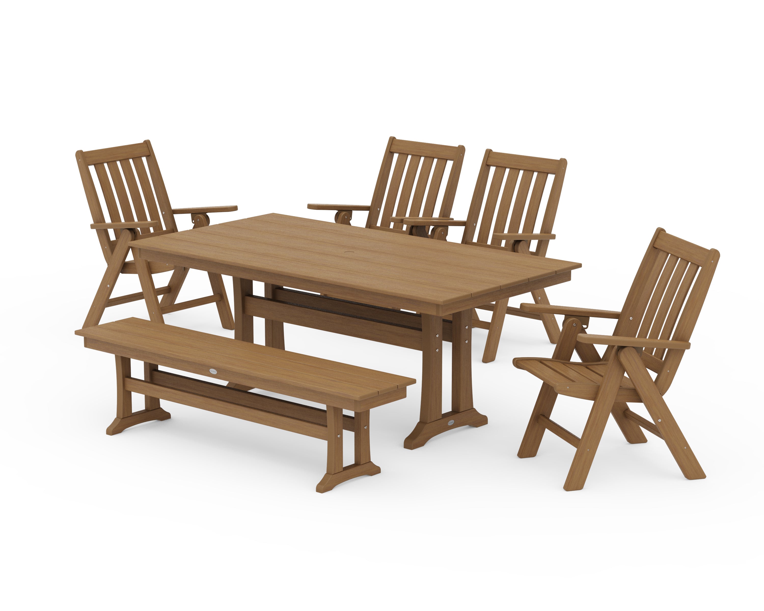 POLYWOOD Vineyard 6-Piece Folding Chair Farmhouse Dining Set with Trestle Legs and Bench in Natural