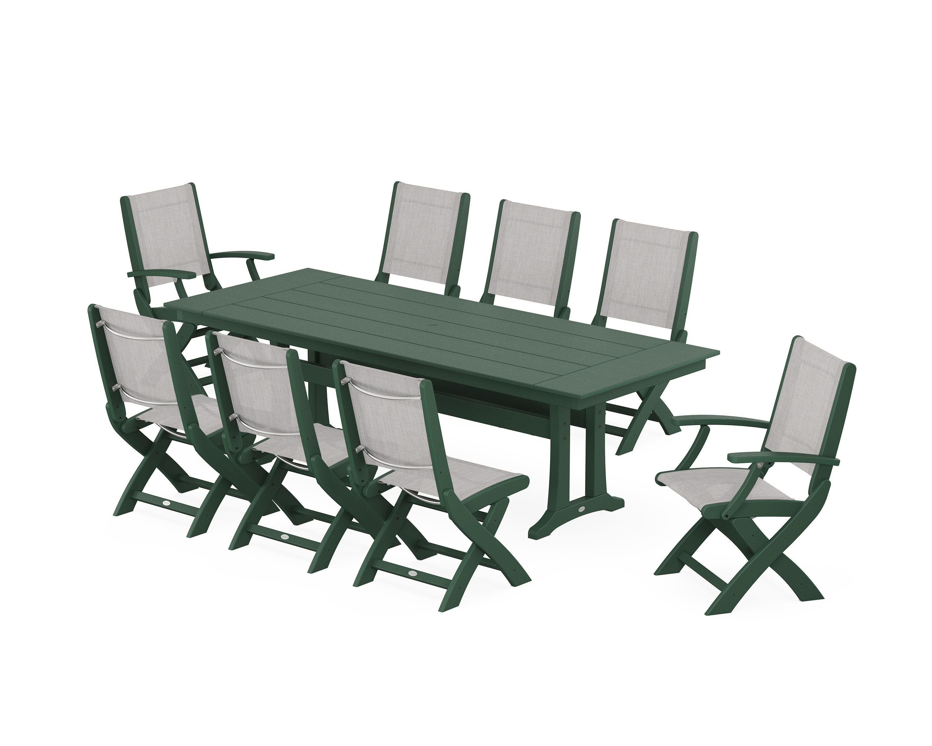 POLYWOOD Coastal 9-Piece Folding Dining Chair Farmhouse Dining Set with Trestle Legs in Green / Parchment Sling