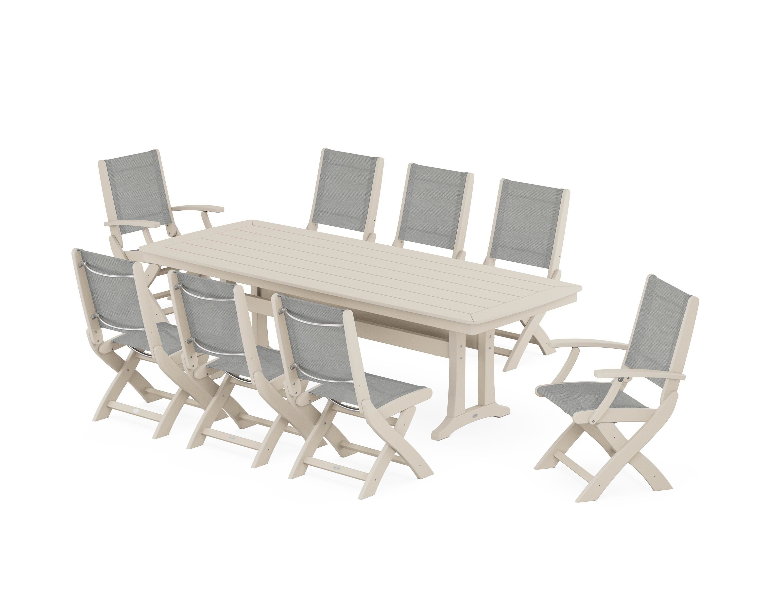 POLYWOOD Coastal Folding 9-Piece Dining Set with Trestle Legs in Sand / Metallic Sling