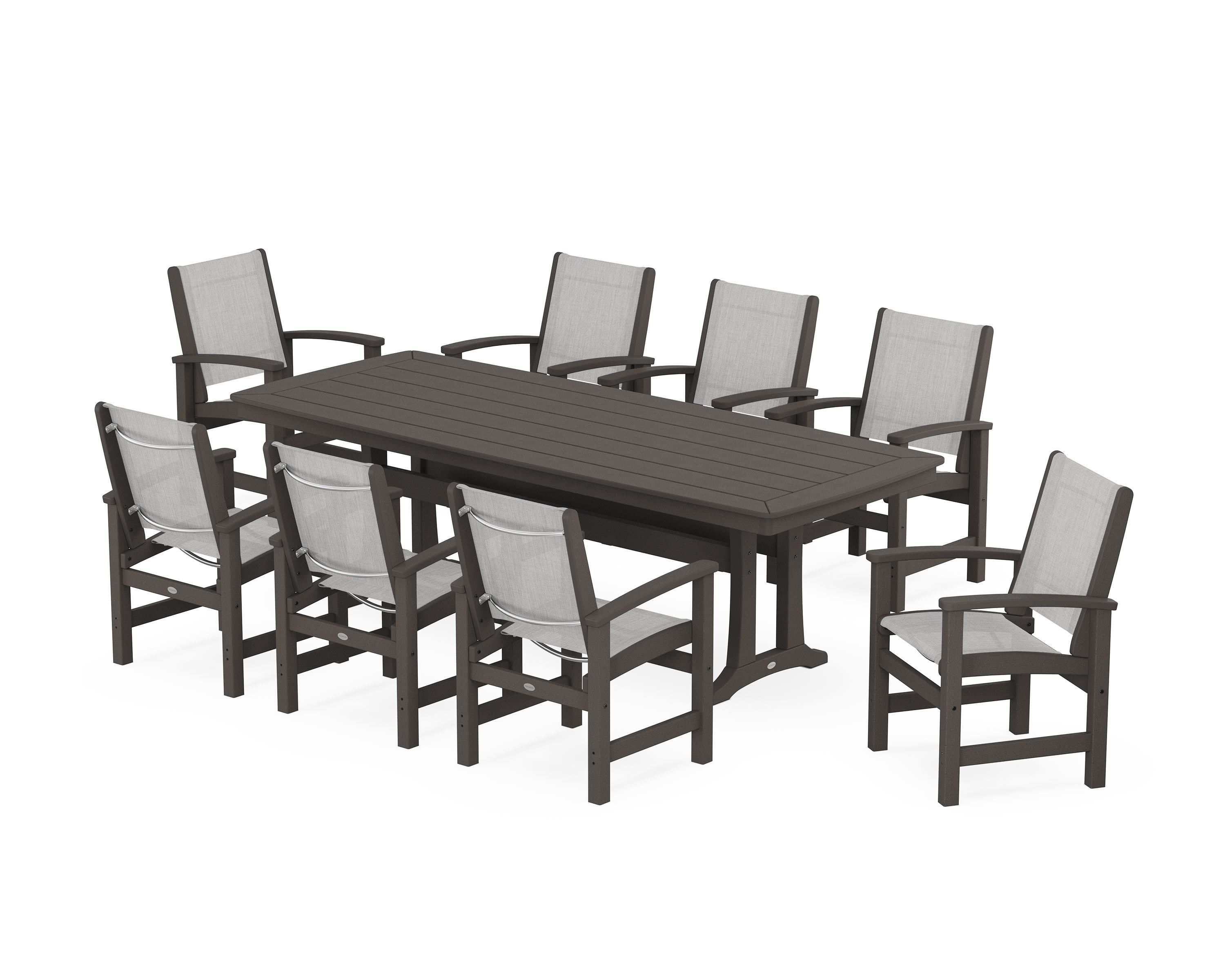 POLYWOOD Coastal 9-Piece Dining Set with Trestle Legs in Vintage Coffee / Parchment Sling
