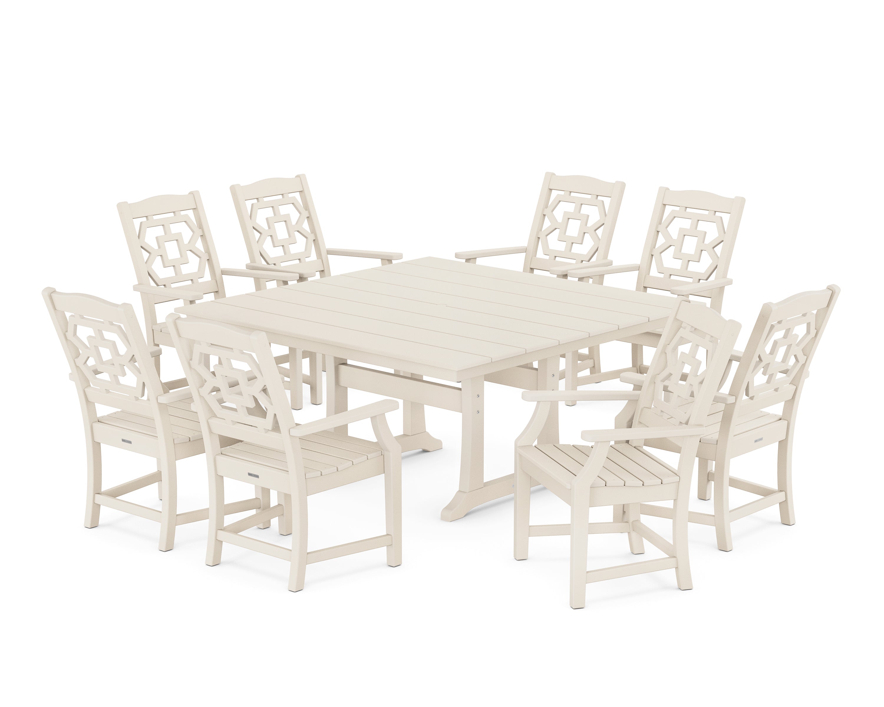 Martha Stewart by POLYWOOD® Chinoiserie 9-Piece Square Farmhouse Dining Set with Trestle Legs in Sand