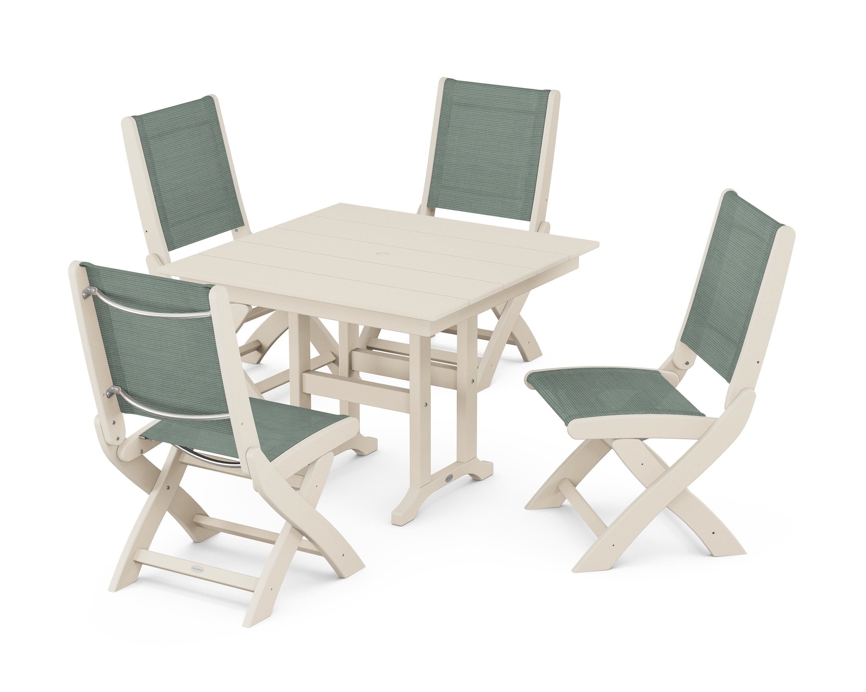 POLYWOOD Coastal Folding Side Chair 5-Piece Farmhouse Dining Set in Sand / Dupioni Sea Mist Sling
