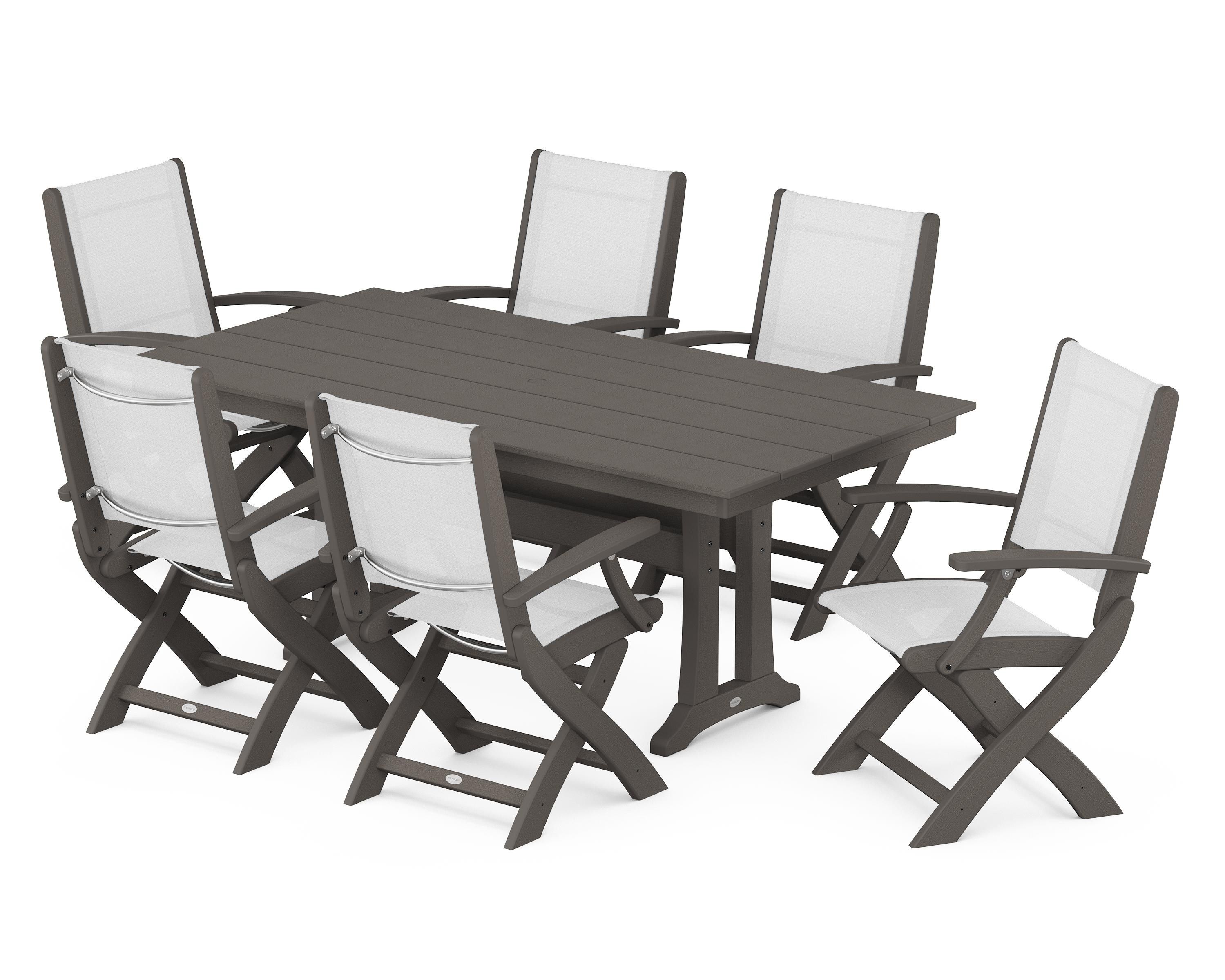 POLYWOOD Coastal Folding Arm Chair 7-Piece Farmhouse Dining Set with Trestle Legs in Vintage Coffee / White Sling