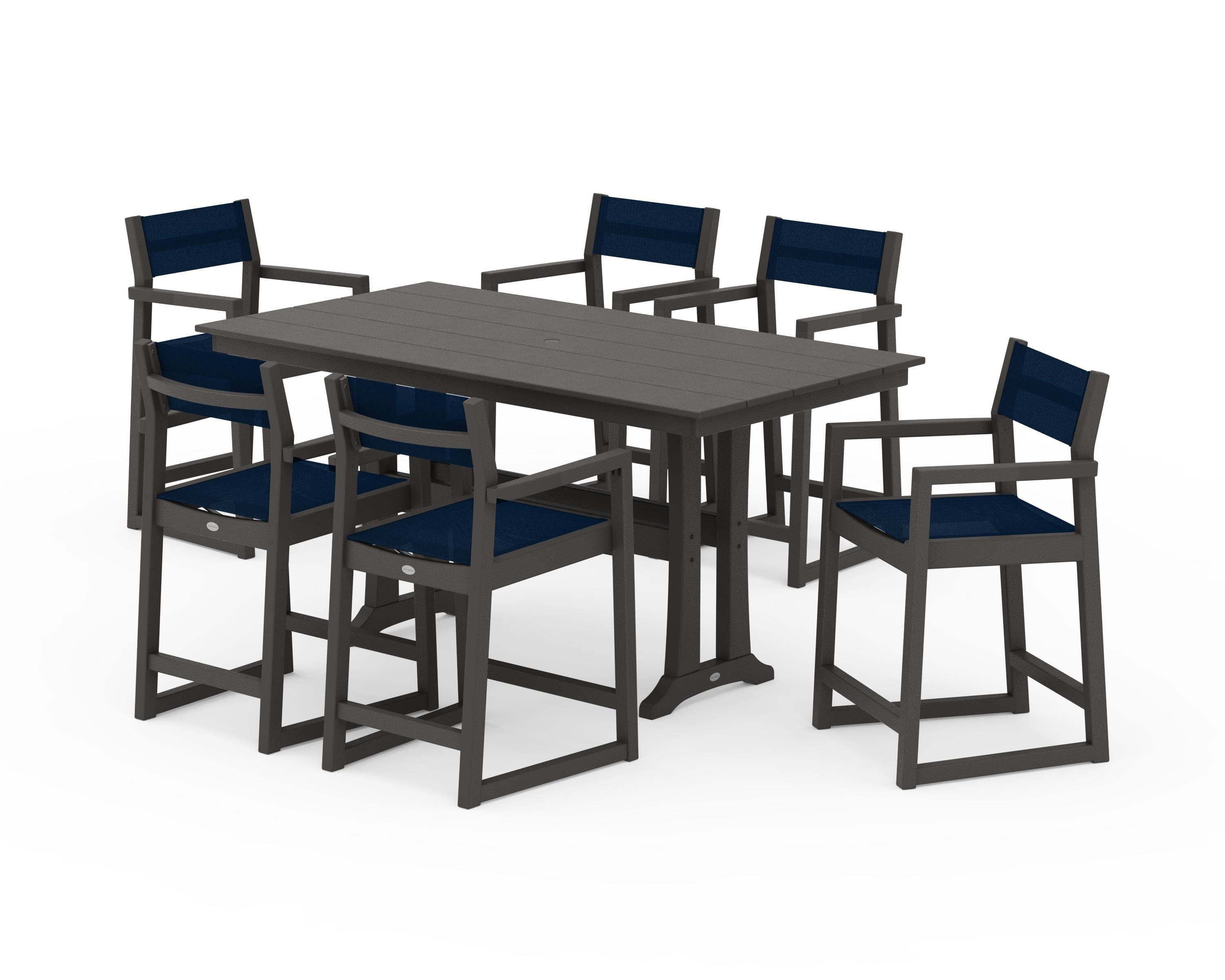 POLYWOOD EDGE Sling Arm Chair 7-Piece Farmhouse Counter Set with Trestle Legs in Vintage Coffee / Navy Blue Sling