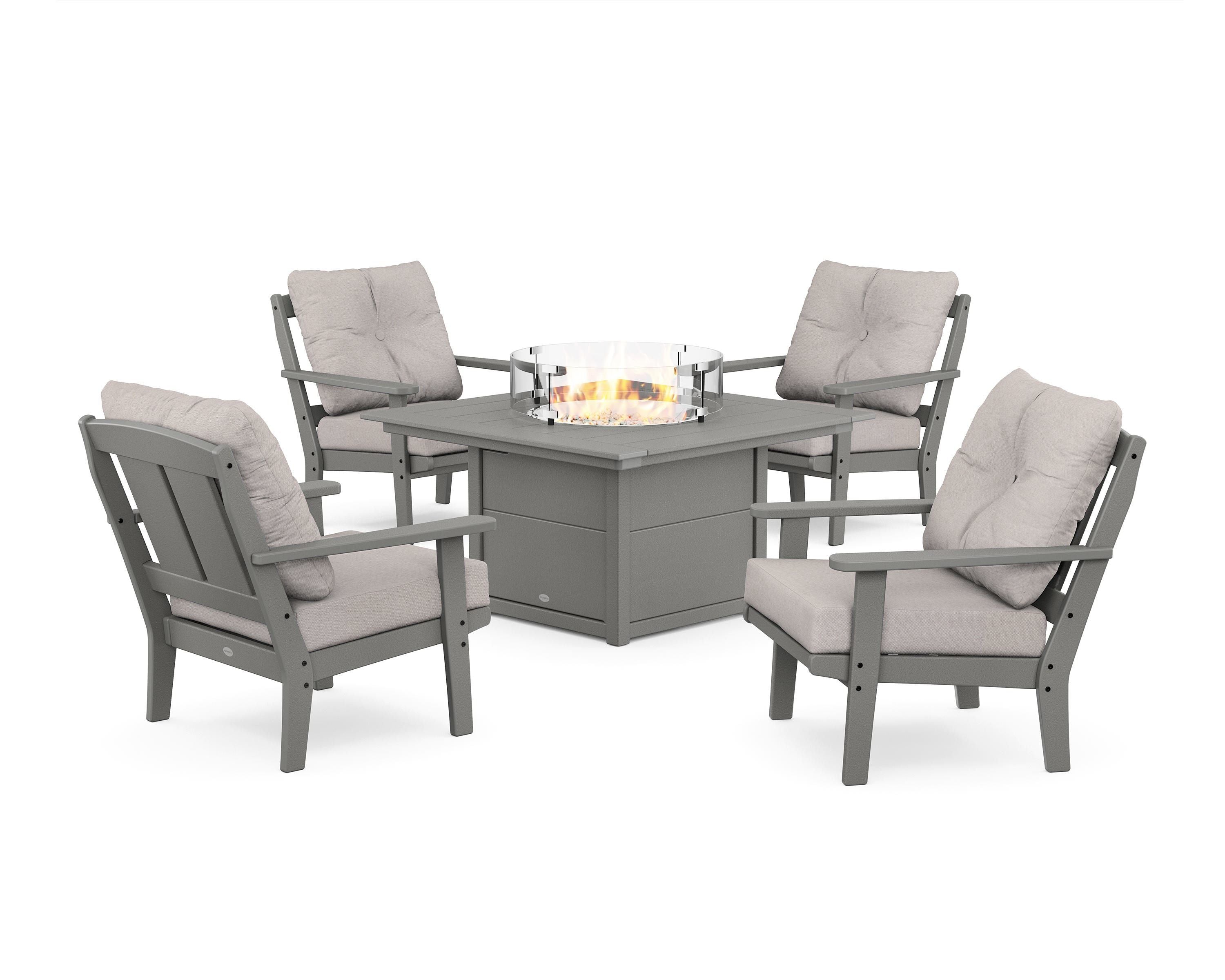 POLYWOOD Mission 5-Piece Deep Seating Set with Fire Pit Table in Slate Grey / Dune Burlap
