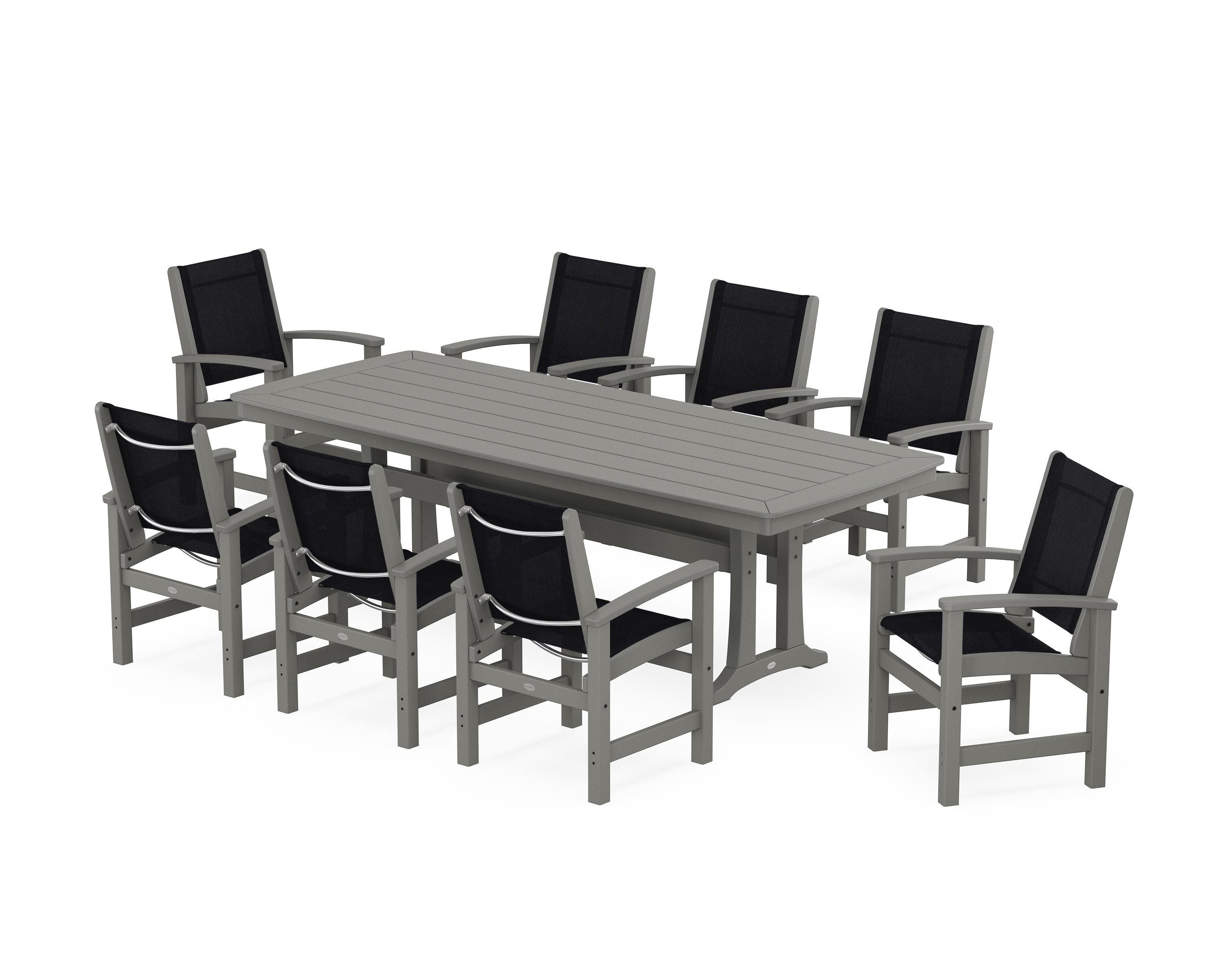 POLYWOOD Coastal 9-Piece Dining Set with Trestle Legs in Slate Grey / Black Sling