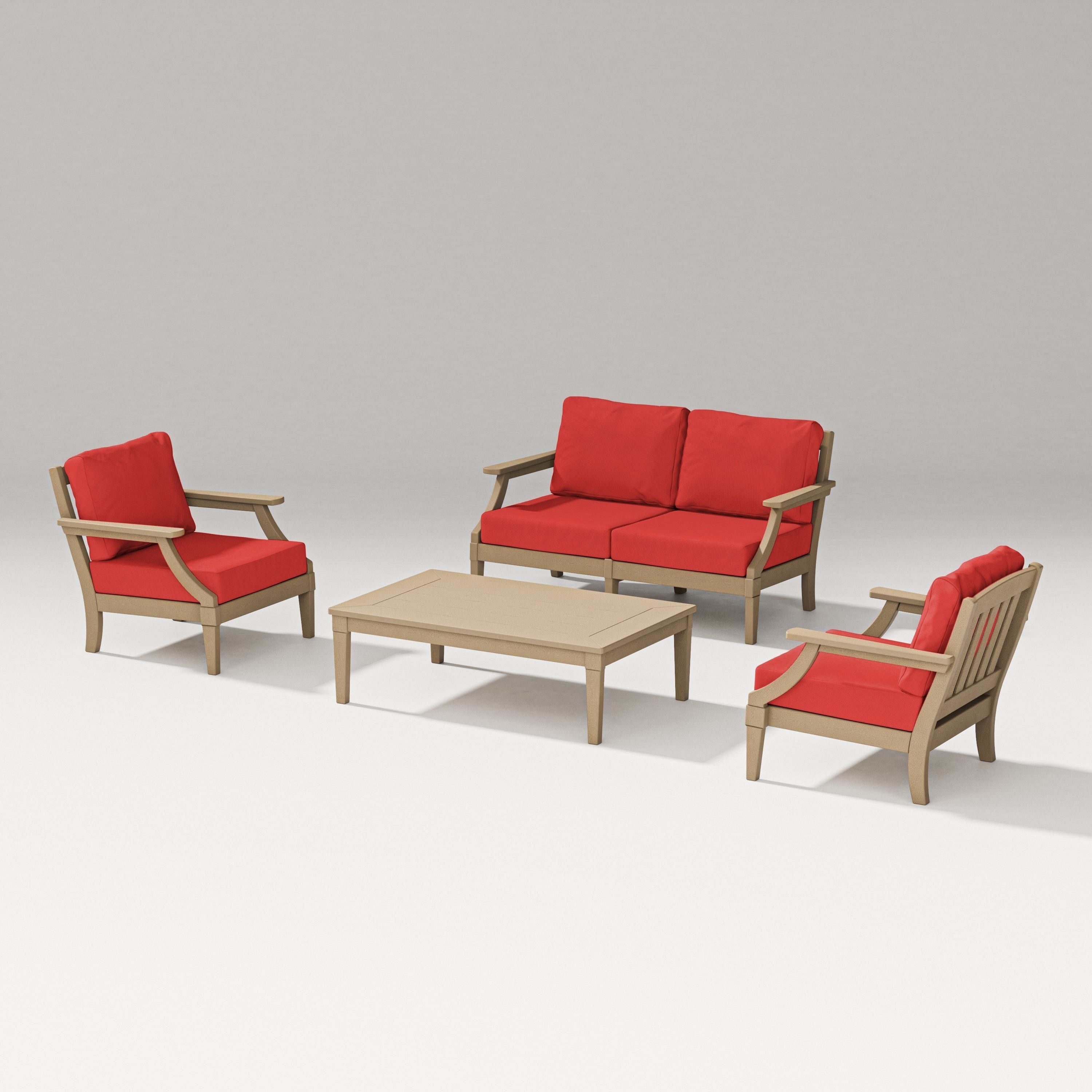 PW Designer Series Estate Lounge 4-Piece Loveseat Set in Vintage Sahara / Crimson Linen