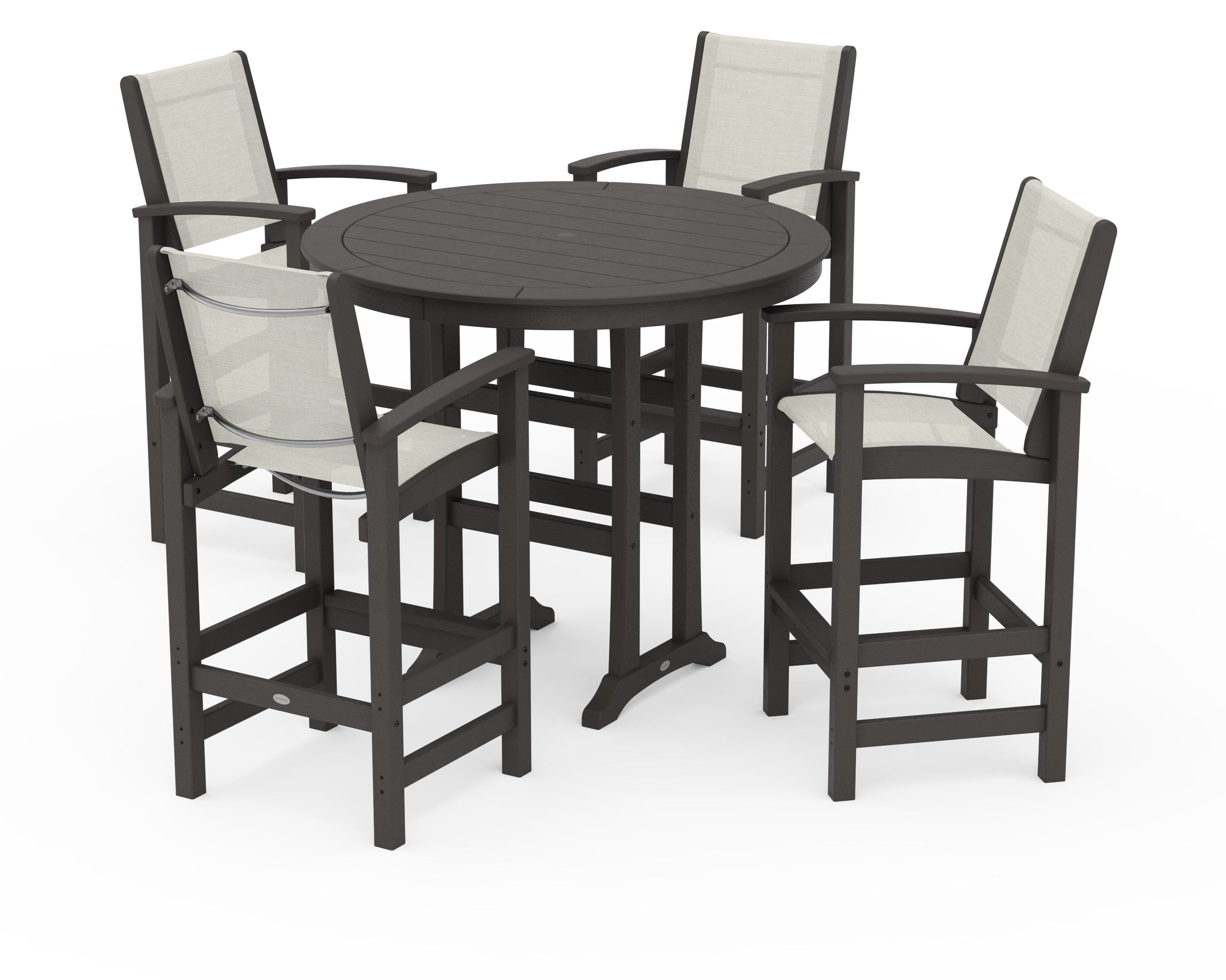 POLYWOOD Coastal 5-Piece Nautical Trestle Bar Set in Vintage Coffee / Parchment Sling