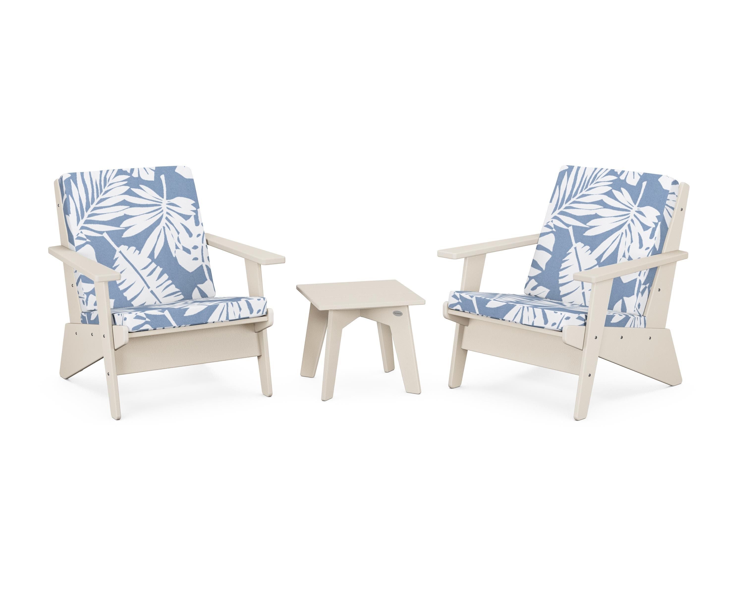 POLYWOOD Riviera Modern Lounge 3-Piece Set in Sand / Leaf Sky Blue