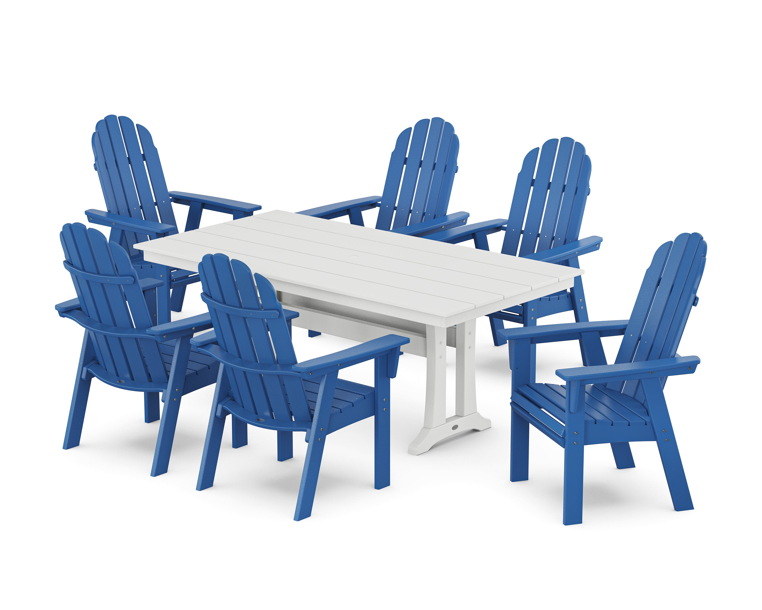 POLYWOOD Vineyard Curveback Adirondack Chair 7-Piece Farmhouse Dining Set with Trestle Legs in Pacific Blue / White