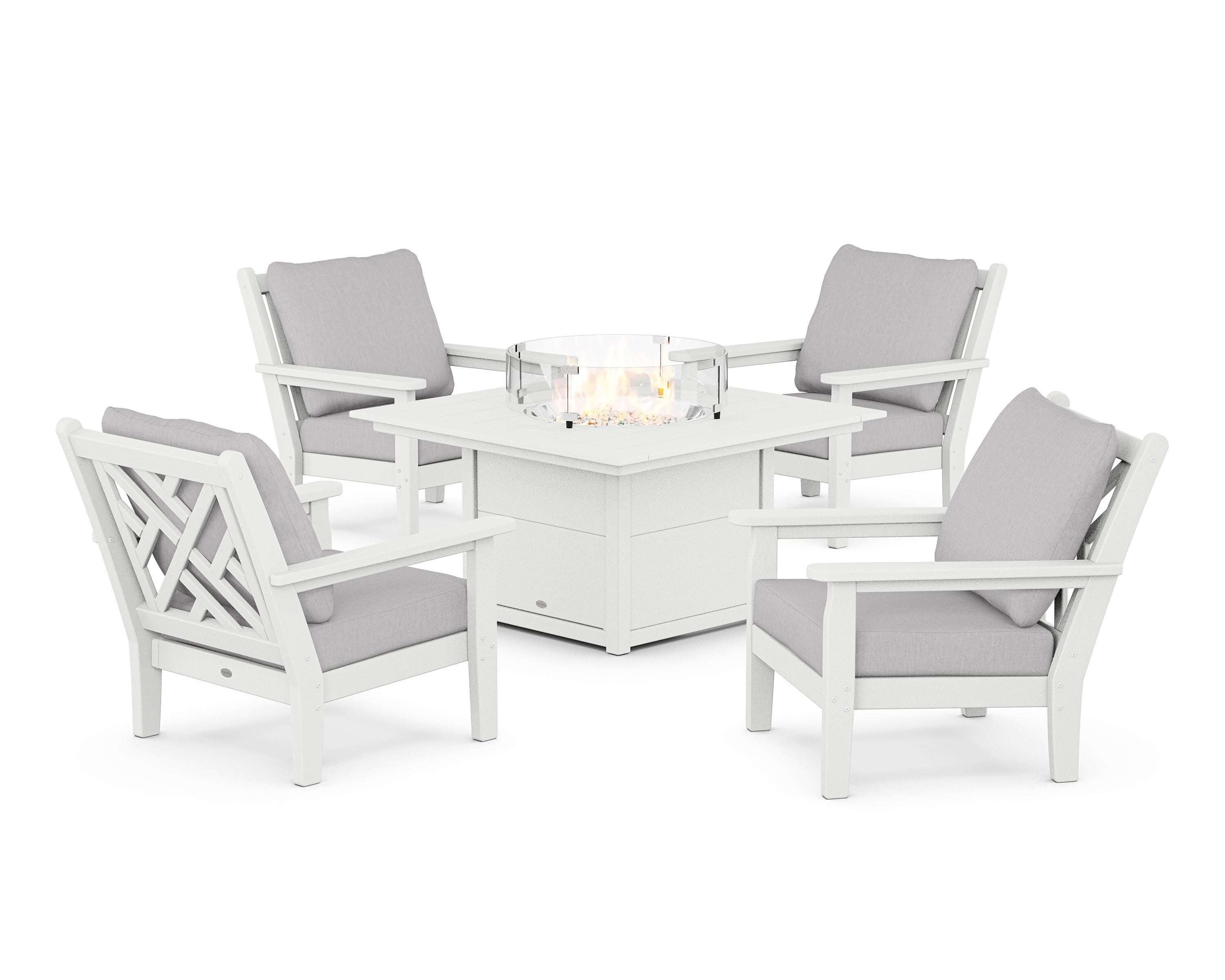 POLYWOOD Chippendale 5-Piece Deep Seating Set with Fire Pit Table in White / Granite