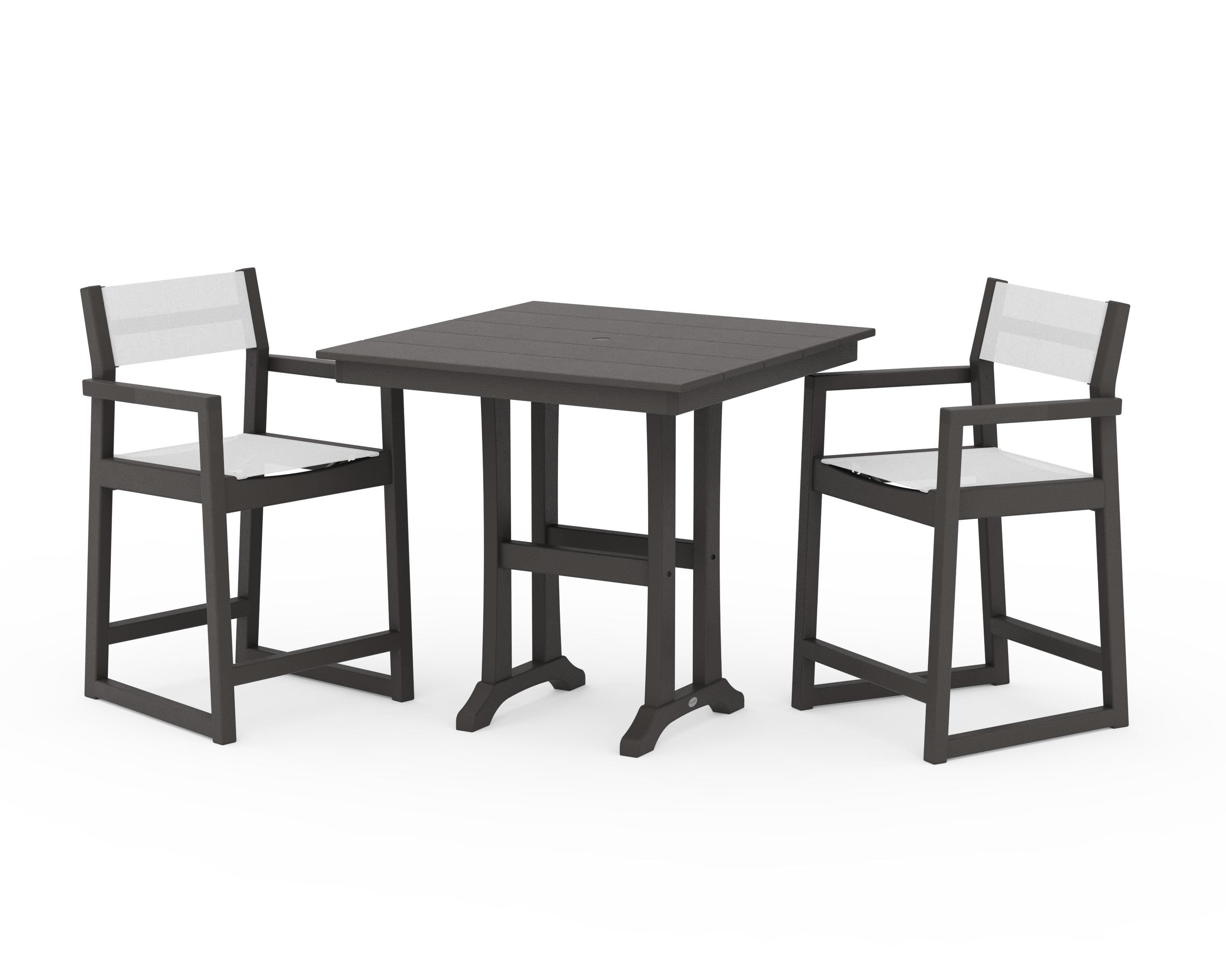 POLYWOOD EDGE Sling Arm Chair 3-Piece Farmhouse Counter Set with Trestle Legs in Vintage Coffee / White Sling