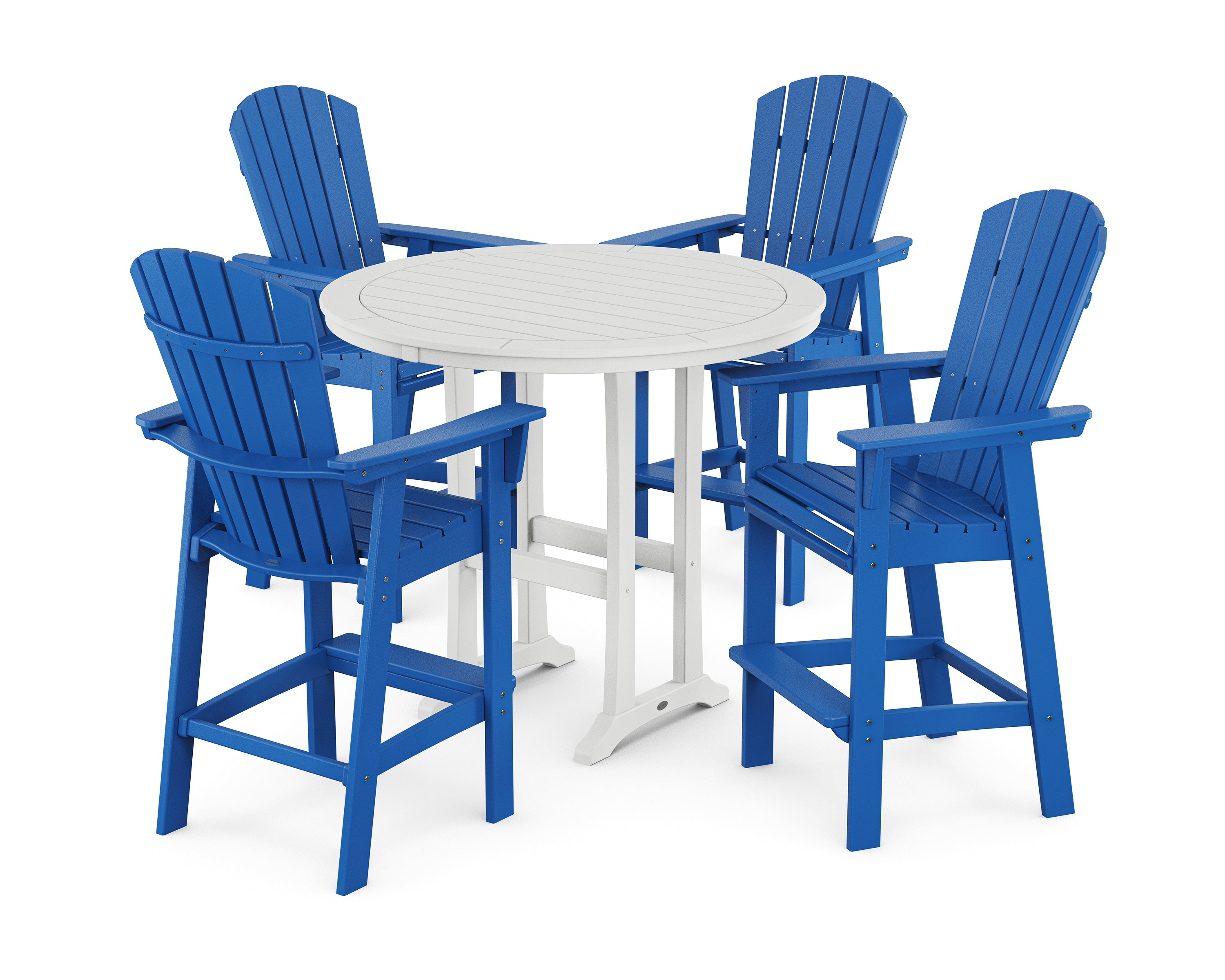 POLYWOOD® Nautical Curveback Adirondack 5-Piece Round Trestle Bar Set in Pacific Blue / White