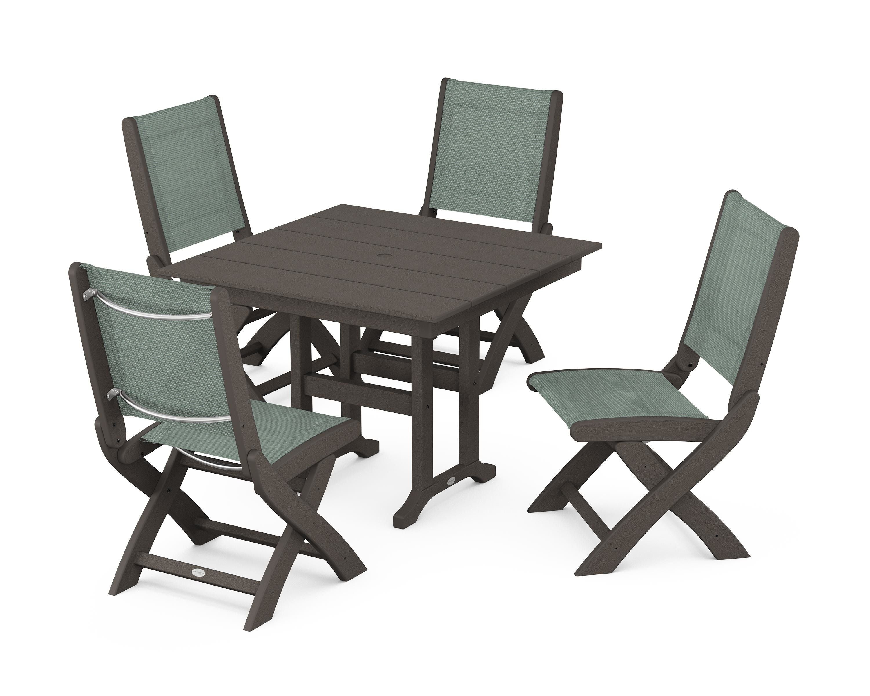 POLYWOOD Coastal Folding Side Chair 5-Piece Farmhouse Dining Set in Vintage Coffee / Dupioni Sea Mist Sling