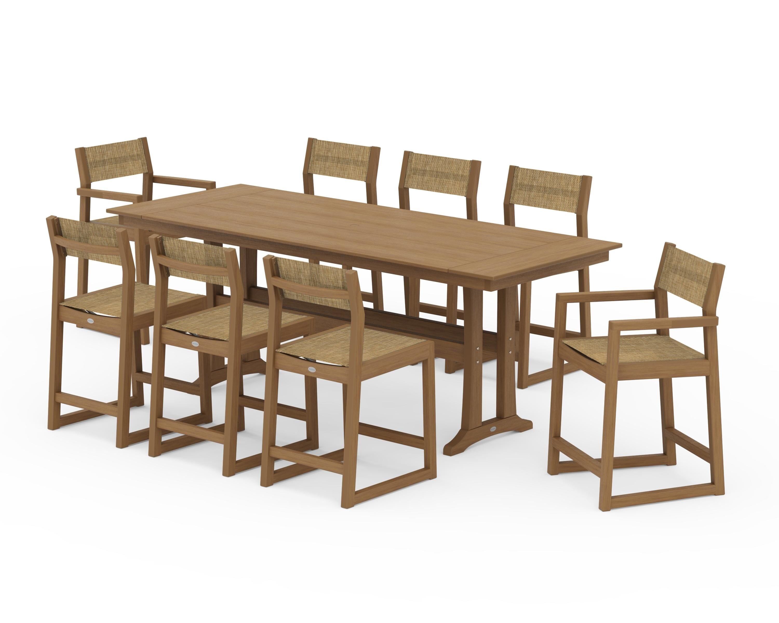 POLYWOOD EDGE Sling 9-Piece Farmhouse Counter Set with Trestle Legs in Natural / Burlap Sling