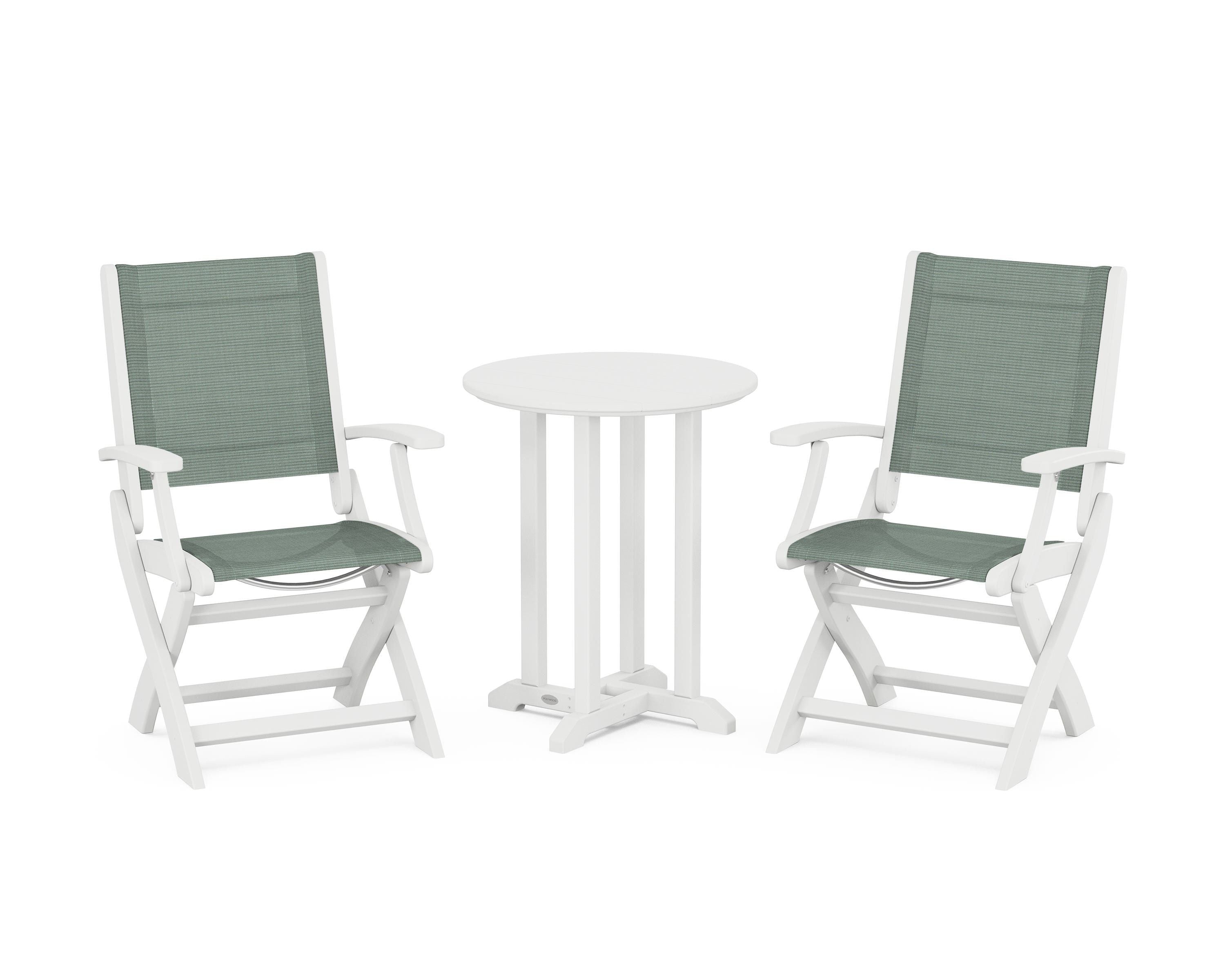 POLYWOOD Coastal Folding 3-Piece Round Bistro Dining Set in White / Dupioni Sea Mist Sling