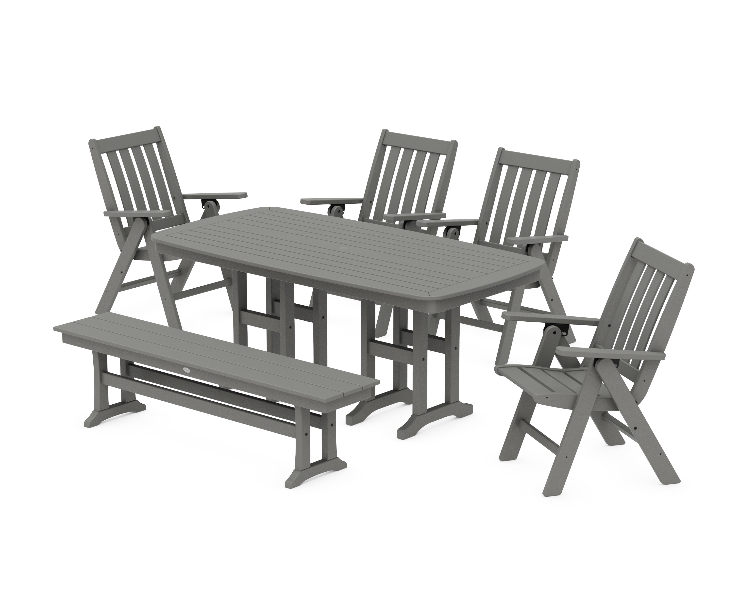 POLYWOOD Vineyard Folding Chair 6-Piece Dining Set with Bench in Slate Grey