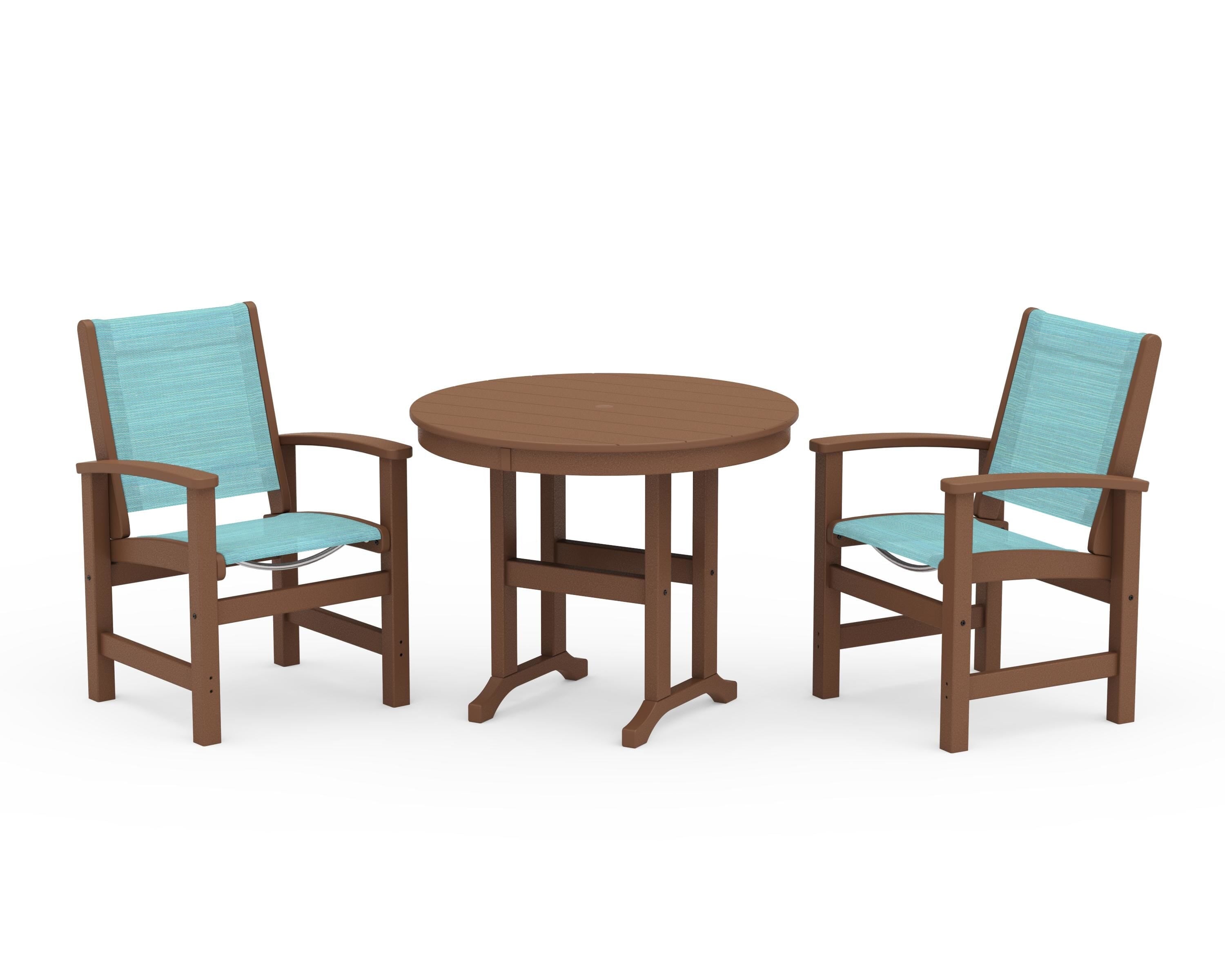 POLYWOOD Coastal 3-Piece Round Dining Set in Teak / Dupioni Aquamarine Sling
