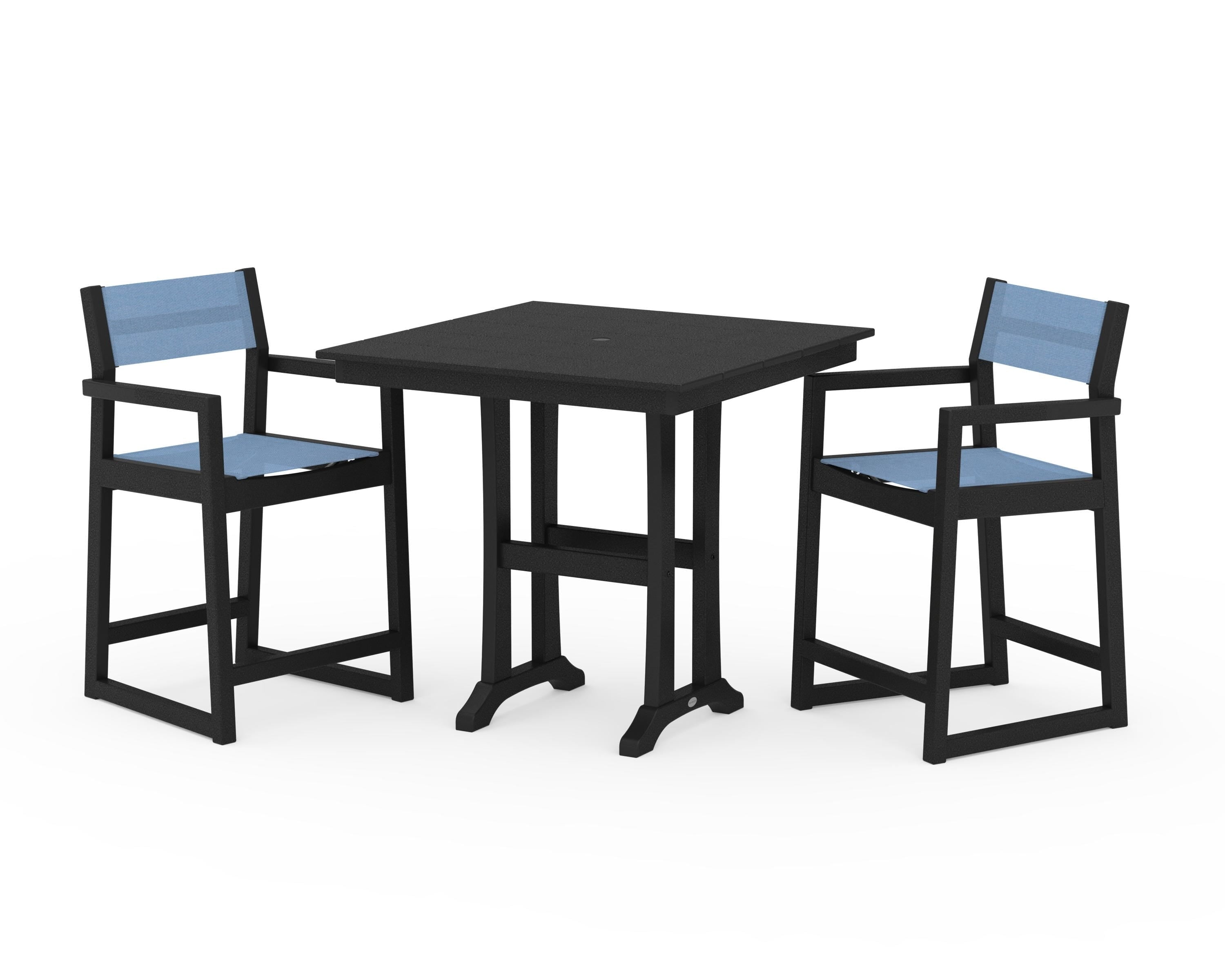 POLYWOOD EDGE Sling Arm Chair 3-Piece Farmhouse Counter Set with Trestle Legs in Black / Poolside Sling