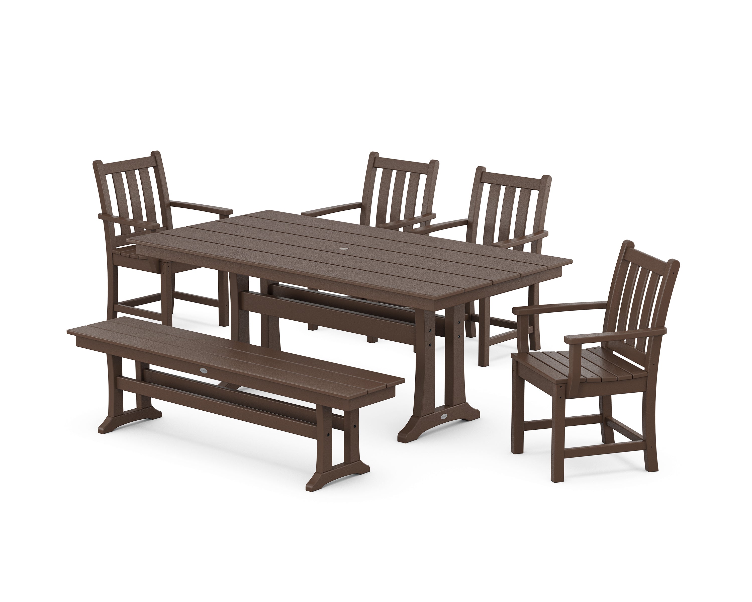 POLYWOOD® Traditional Garden Arm Chair 6-Piece Farmhouse Dining Set with Trestle Legs and Bench in Mahogany