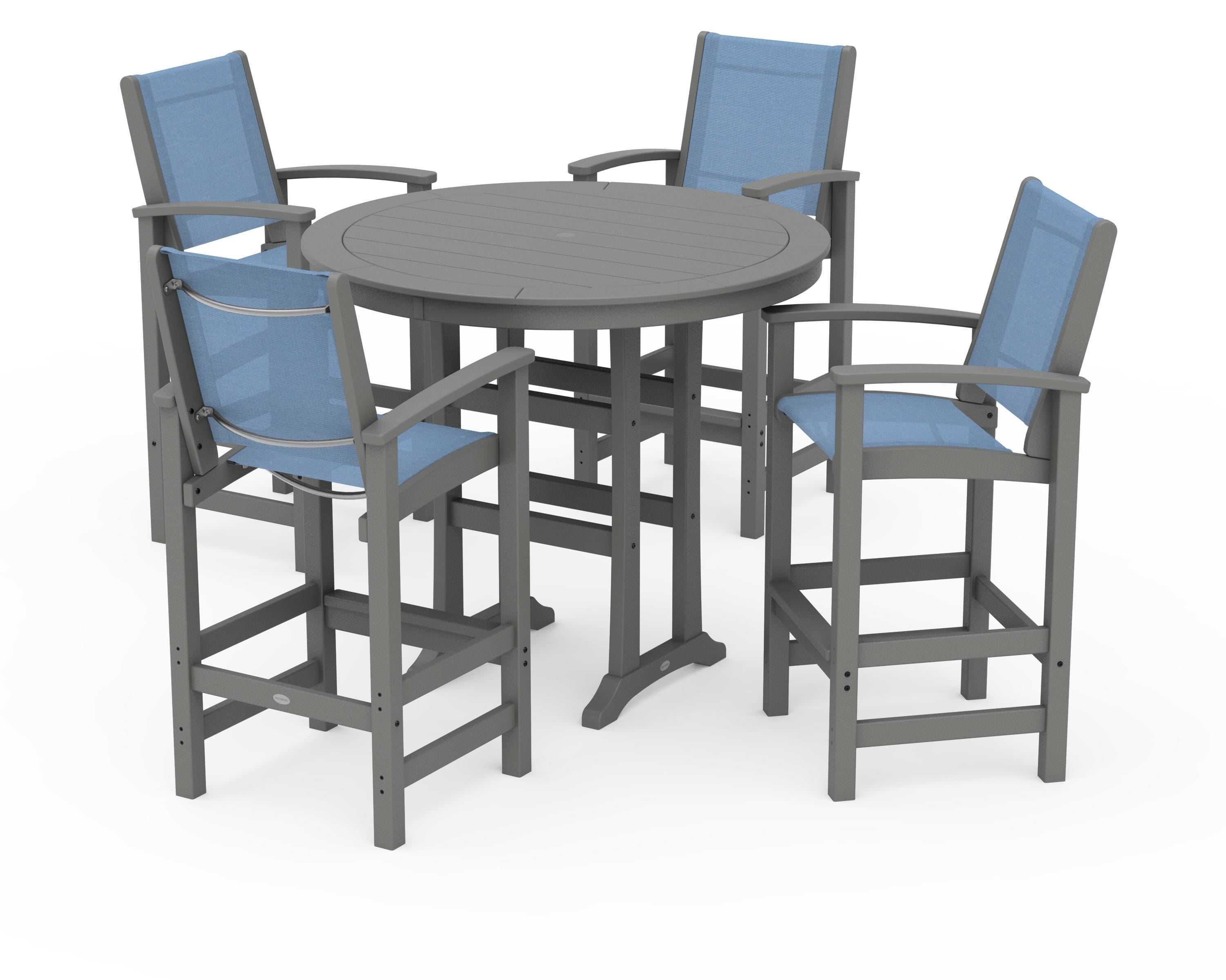 POLYWOOD Coastal 5-Piece Nautical Trestle Bar Set in Slate Grey / Poolside Sling