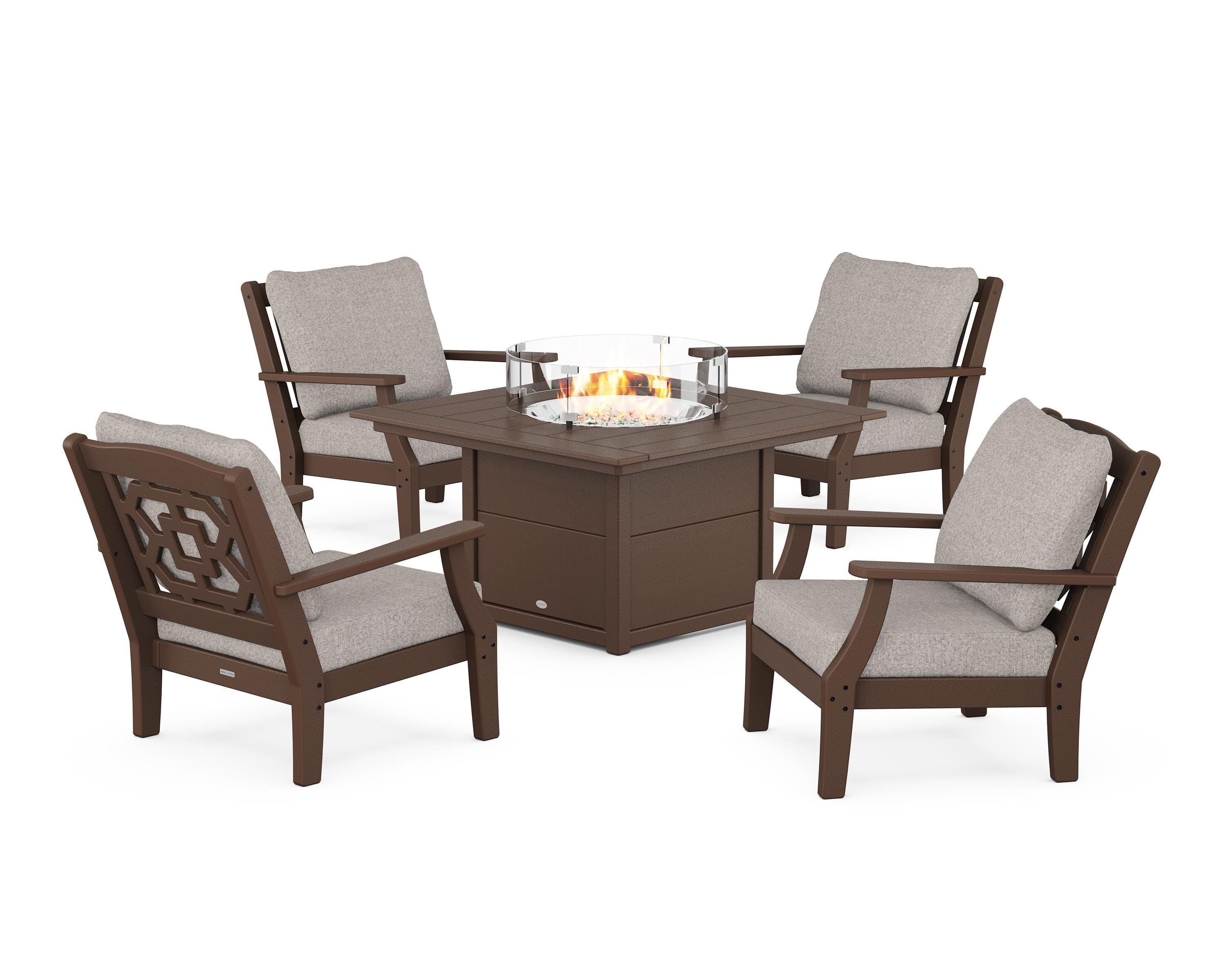 Martha Stewart by POLYWOOD Chinoiserie 5-Piece Deep Seating Set with Fire Pit Table in Mahogany / Weathered Tweed