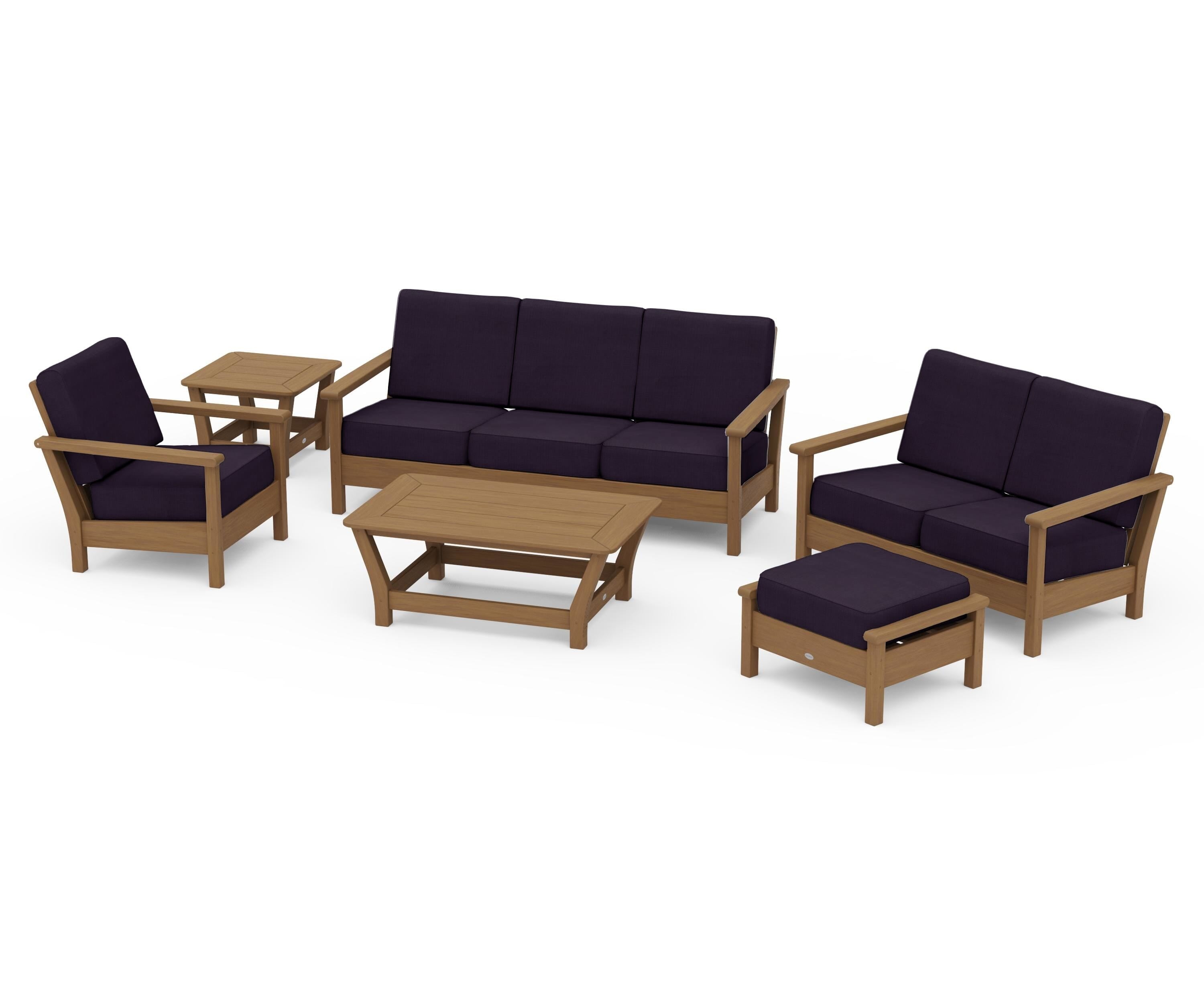POLYWOOD Harbour 6-Piece Outdoor Living Set in Natural / Navy Linen