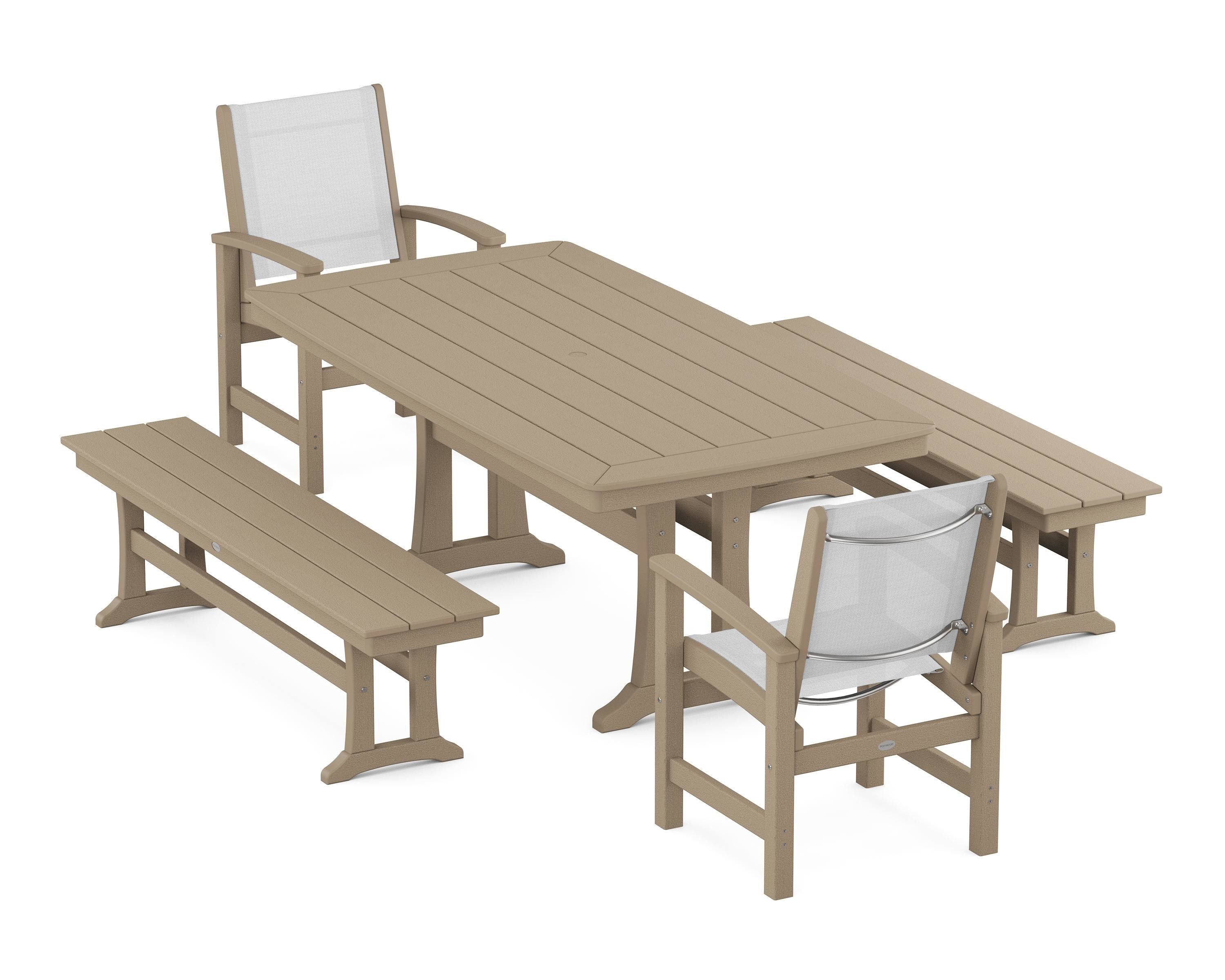 POLYWOOD Coastal 5-Piece Dining Set with Trestle Legs and Benches in Vintage Sahara / White Sling