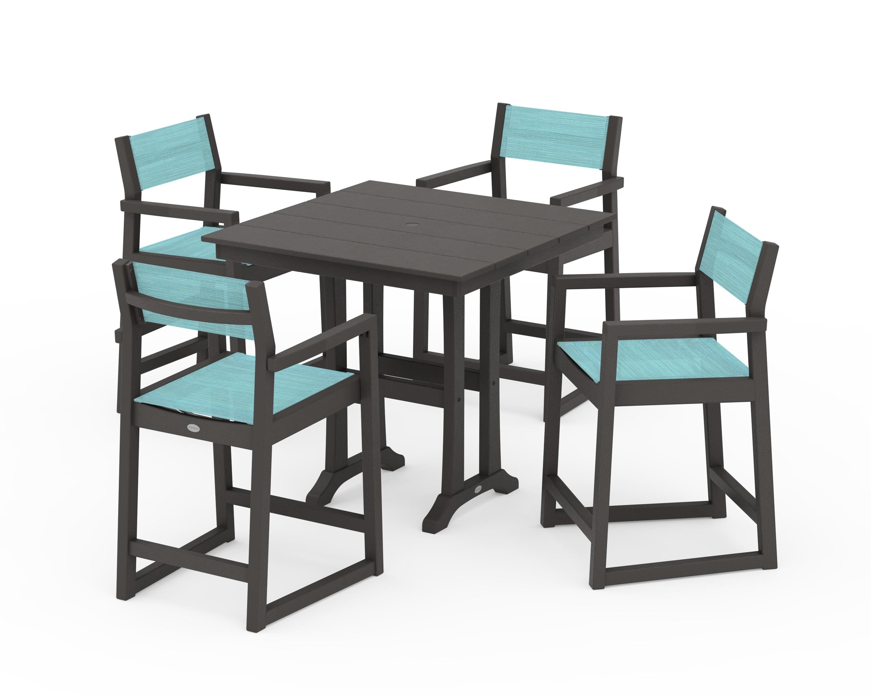 POLYWOOD EDGE Sling Arm Chair 5-Piece Farmhouse Counter Set with Trestle Legs in Vintage Coffee / Dupioni Aquamarine Sling