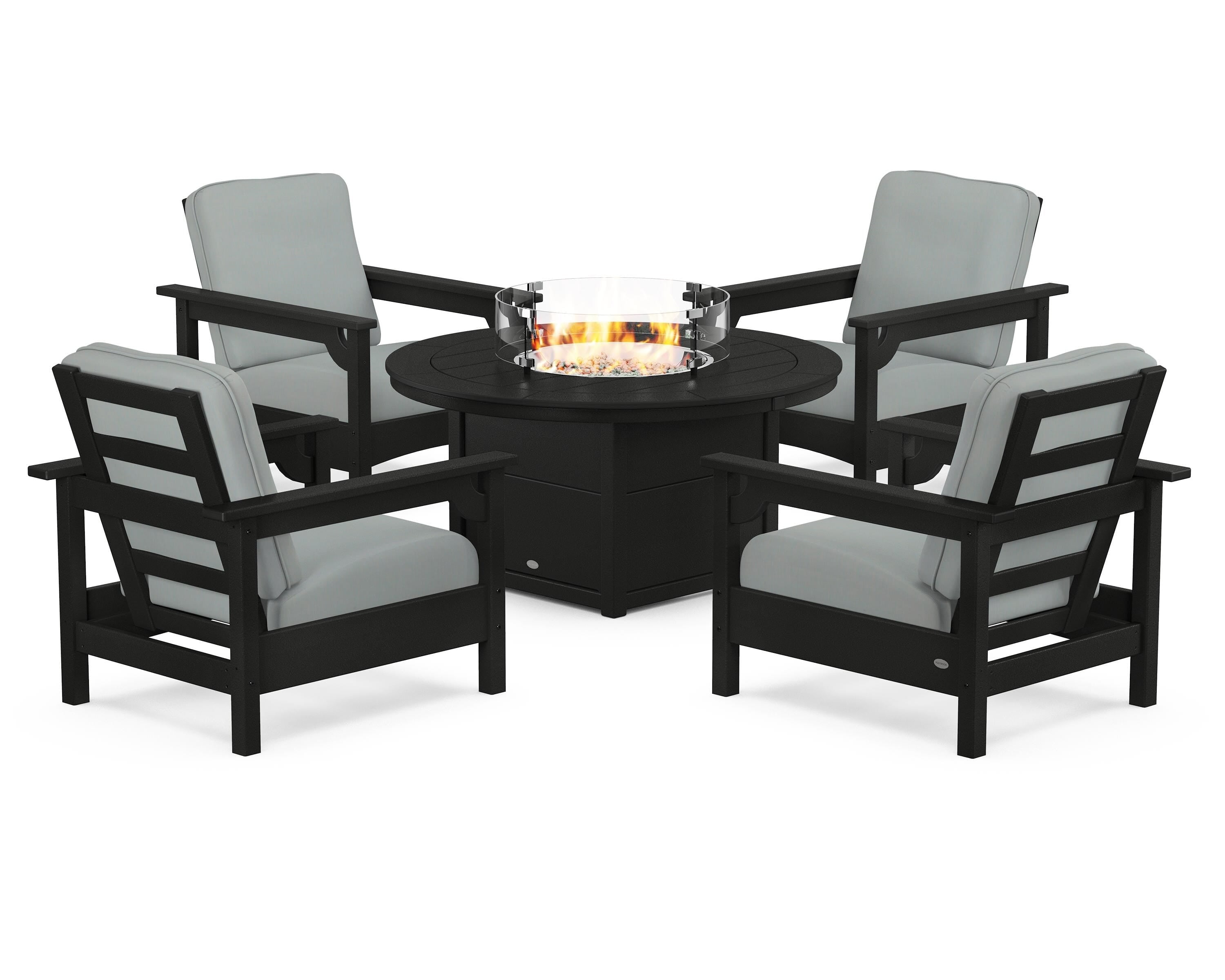 POLYWOOD Club 5-Piece Conversation Set with Fire Pit Table in Black / Spa