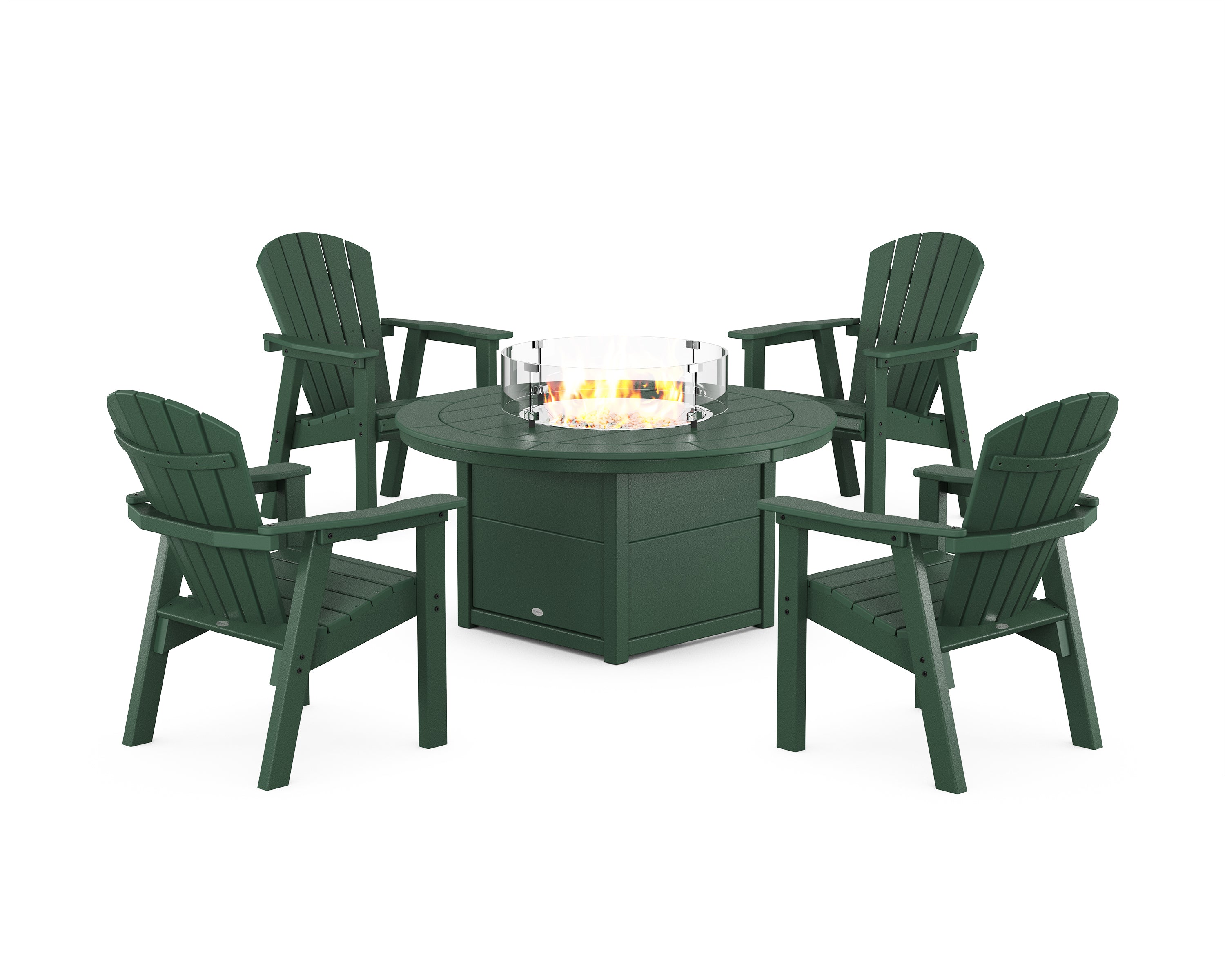 POLYWOOD® Seashell 4-Piece Upright Adirondack Conversation Set with Fire Pit Table in Green