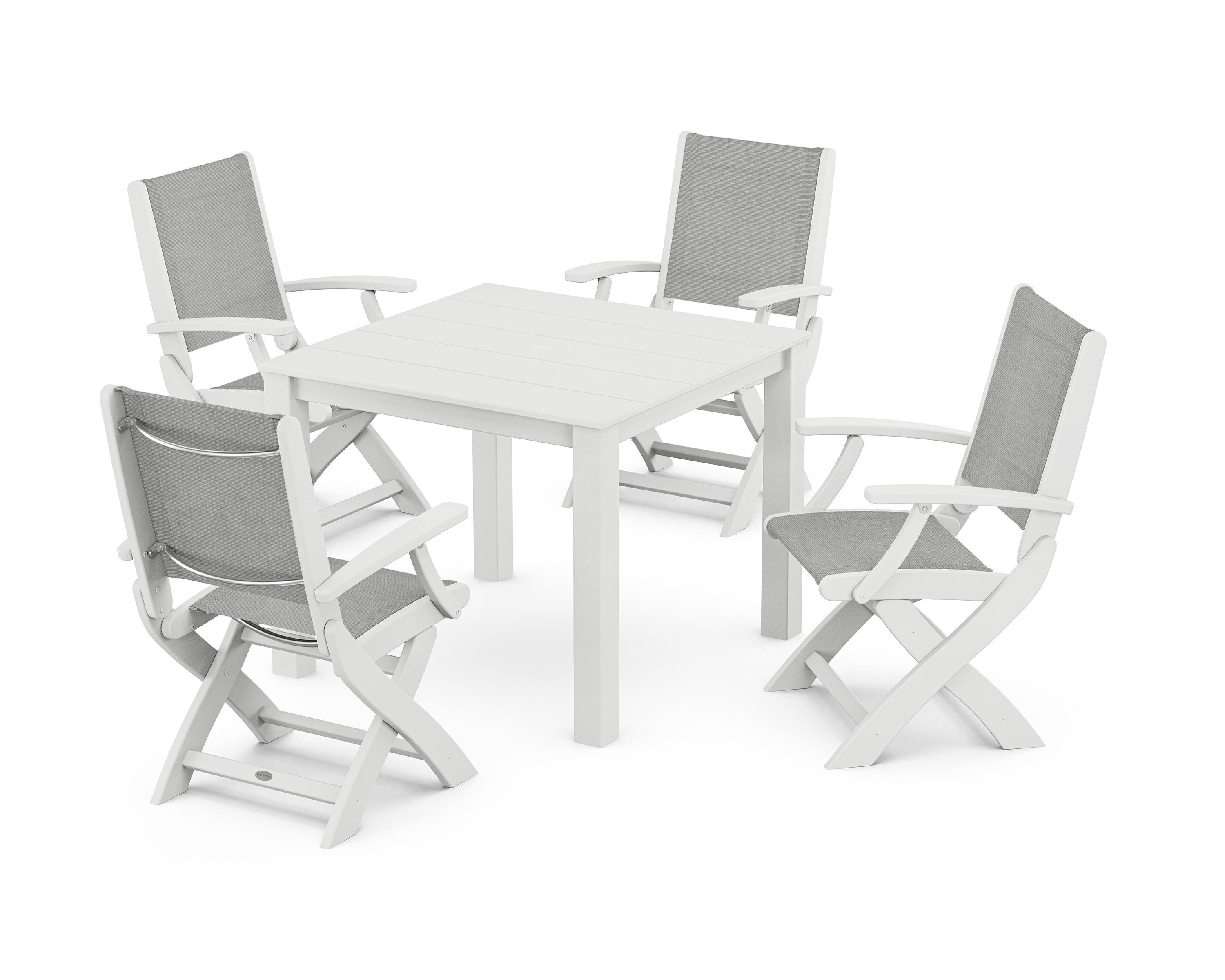 POLYWOOD Coastal Folding Chair 5-Piece Parsons Dining Set in White / Metallic Sling