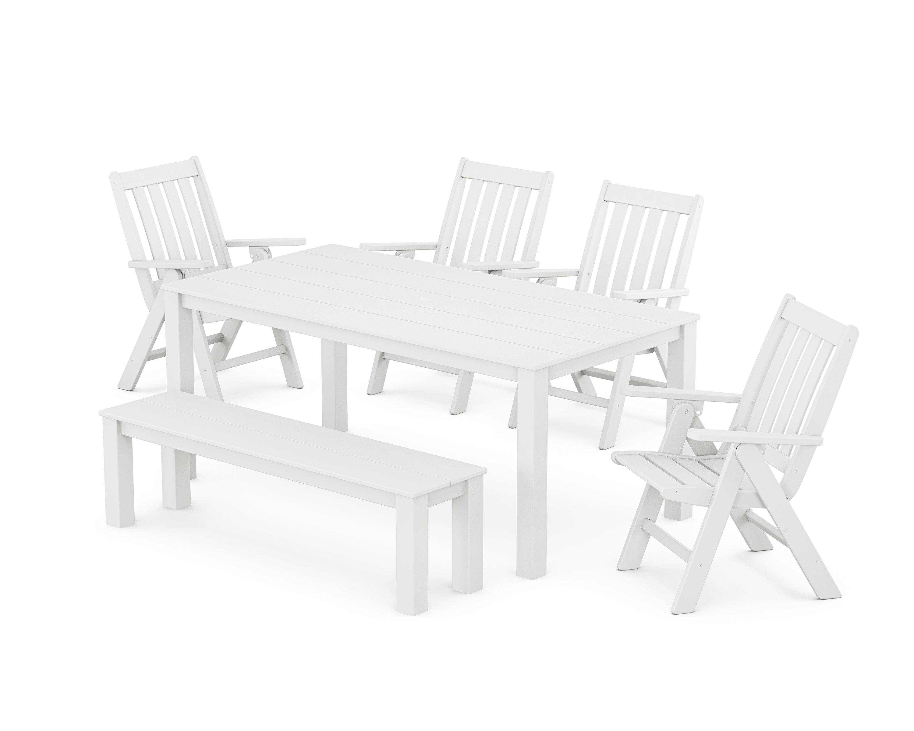 POLYWOOD® Vineyard Folding Chair 6-Piece Parsons Dining Set with Bench in White