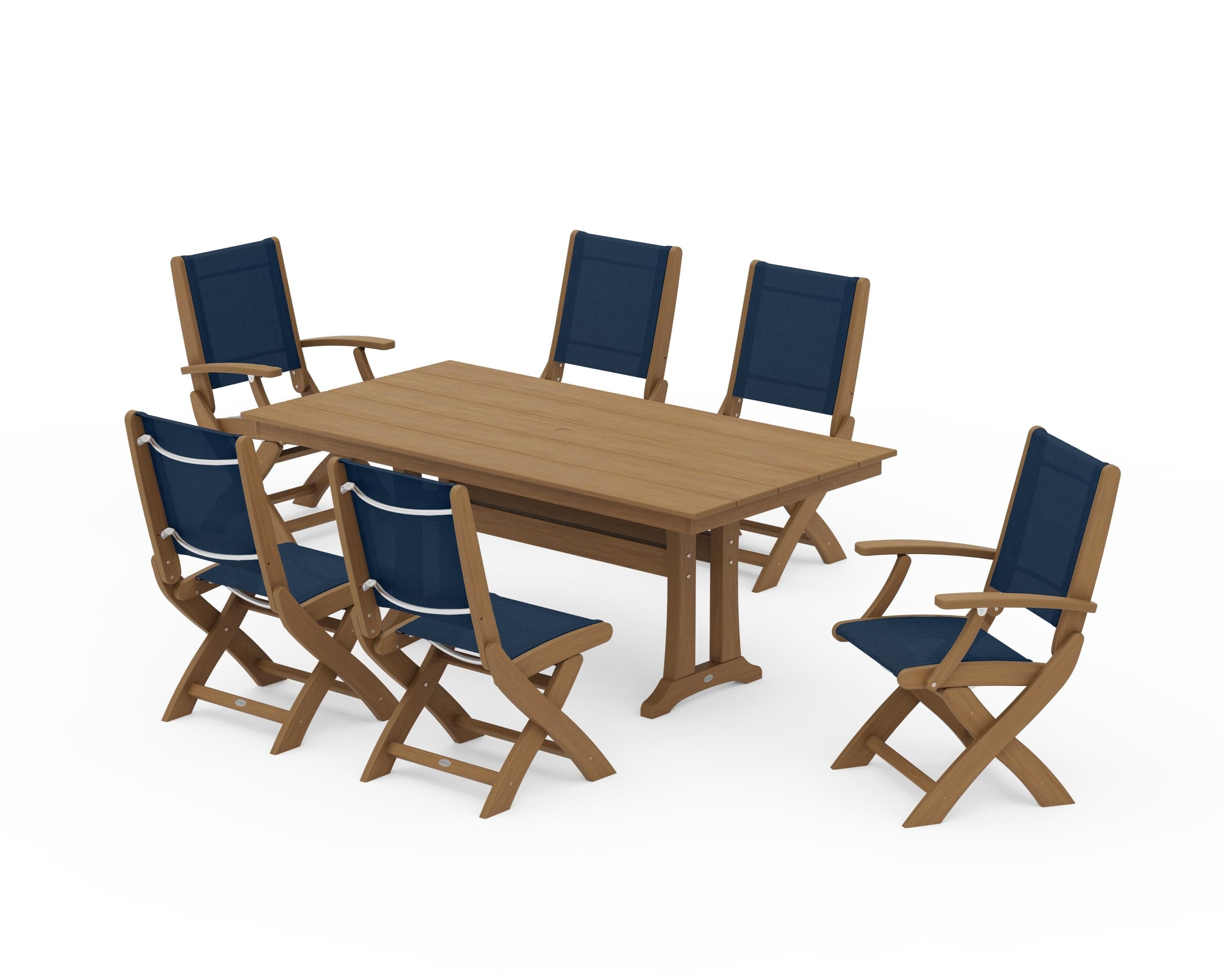 POLYWOOD Coastal Folding Chair 7-Piece Farmhouse Dining Set with Trestle Legs in Natural / Navy Blue Sling