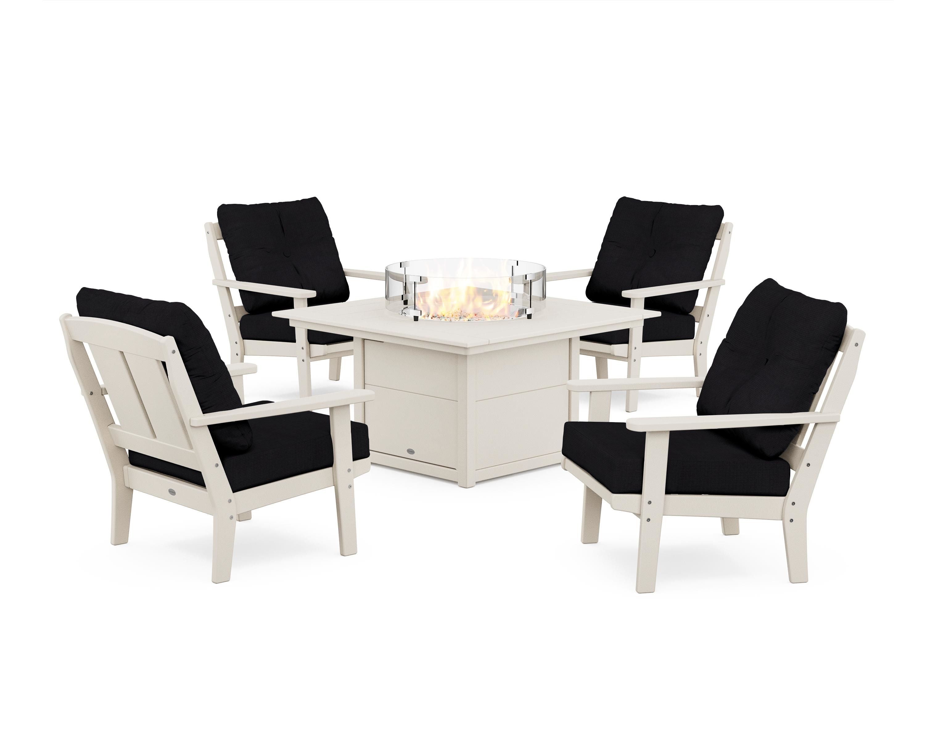POLYWOOD Mission 5-Piece Deep Seating Set with Fire Pit Table in Sand / Midnight Linen