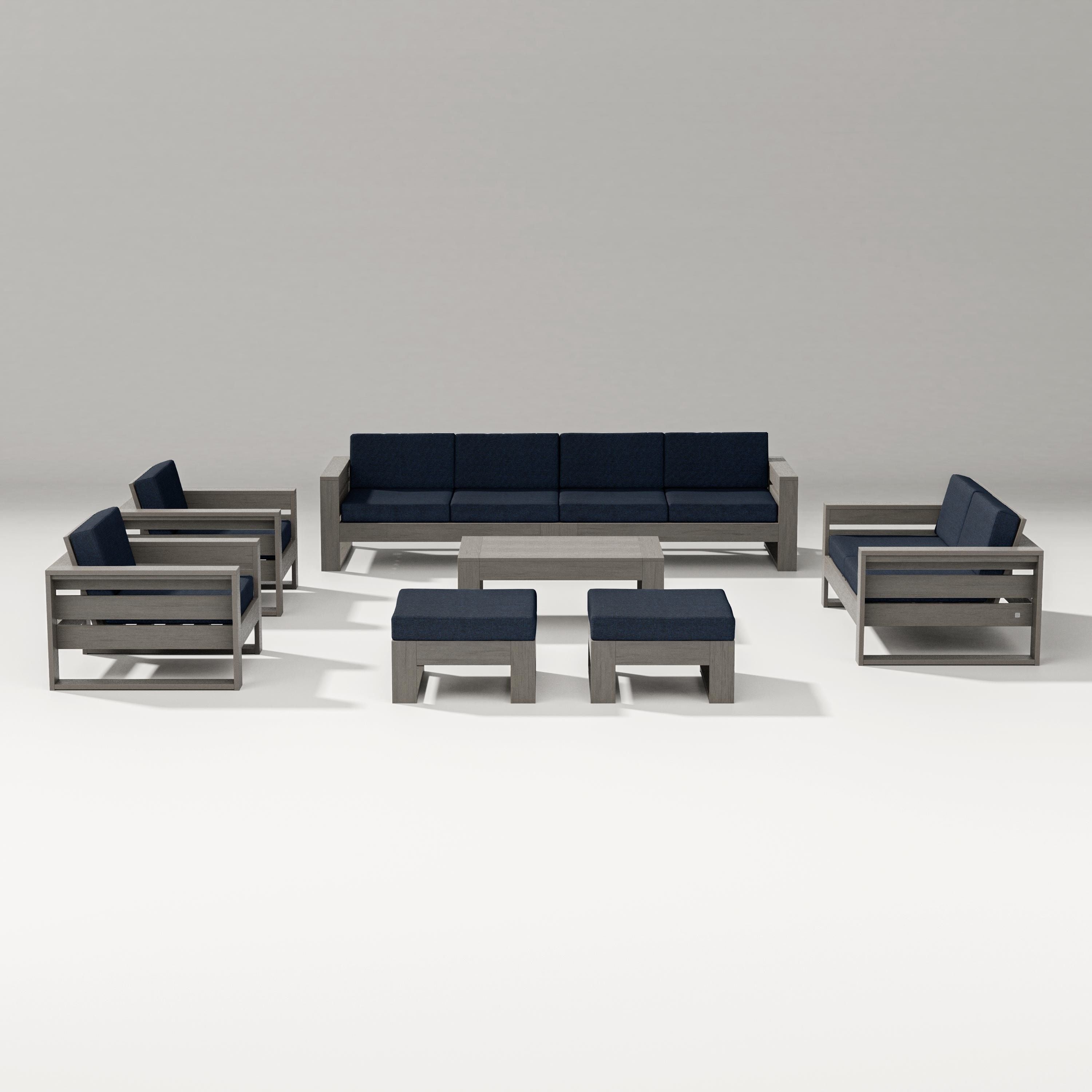 PW Designer Series Latitude 8-Piece Lounge Sofa Set in Driftwood / Marine Indigo