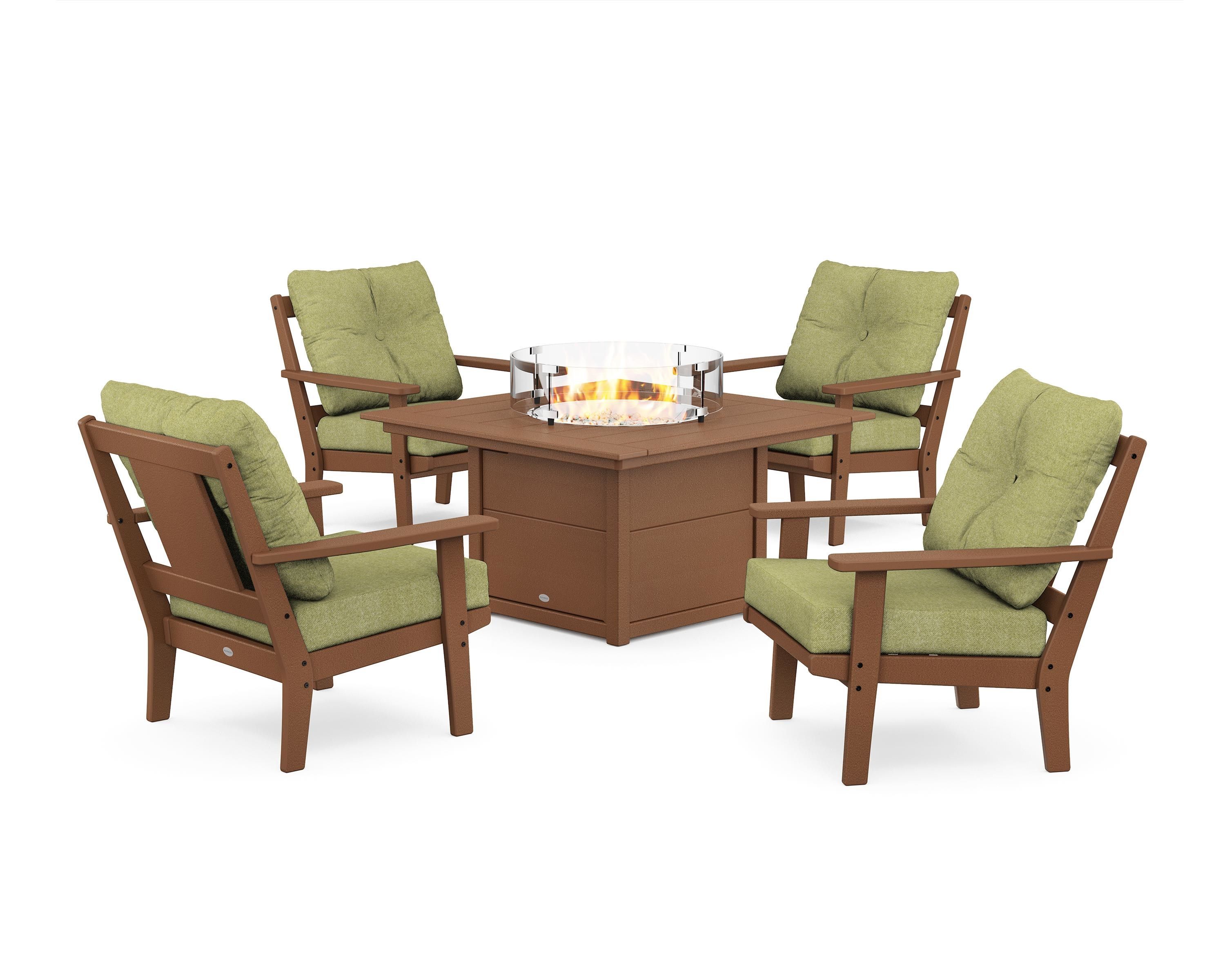 POLYWOOD Prairie 5-Piece Deep Seating Set with Fire Pit Table in Teak / Chartreuse Boucle