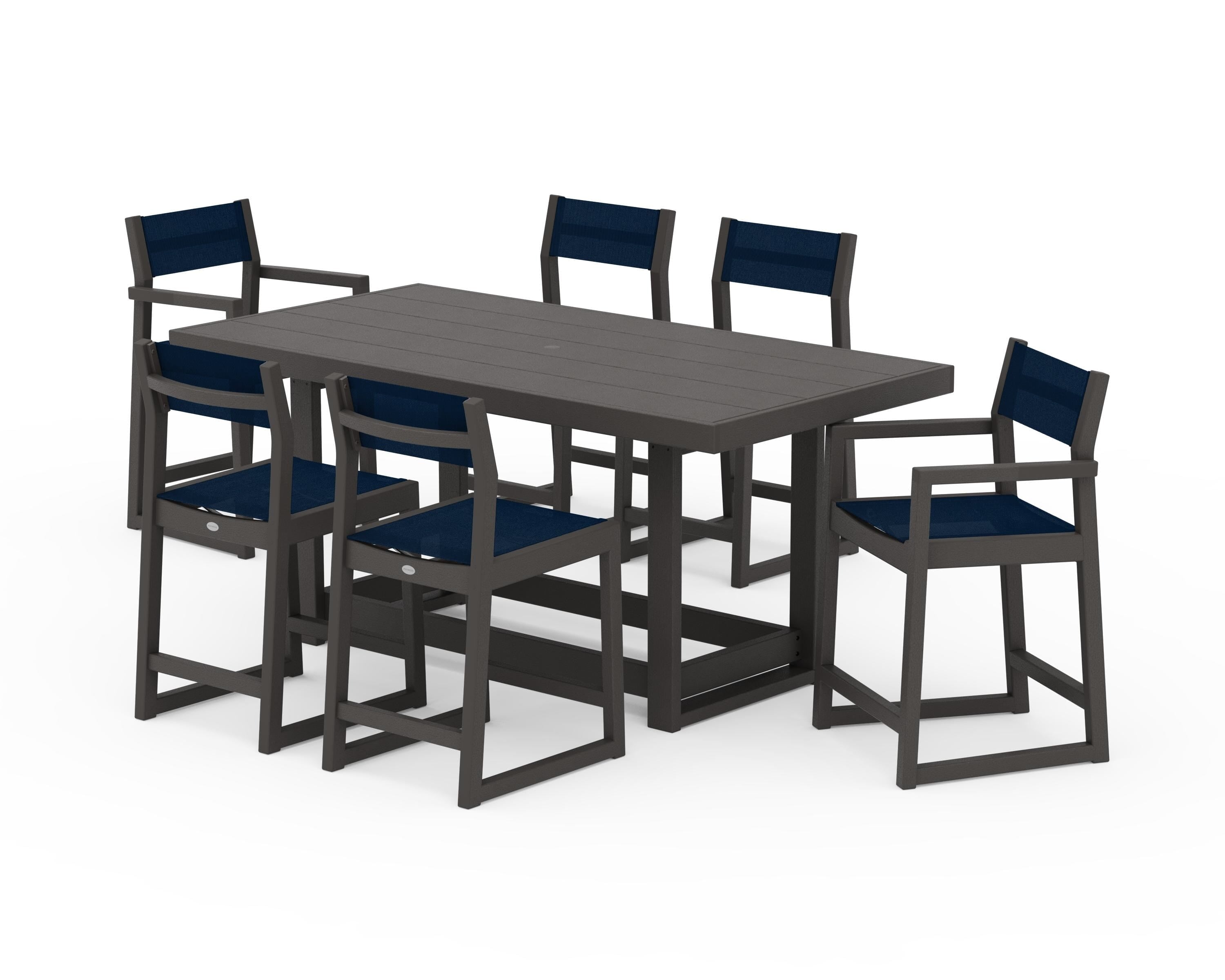 POLYWOOD EDGE Sling 7-Piece Counter Table Set in Vintage Coffee / Navy Blue Sling