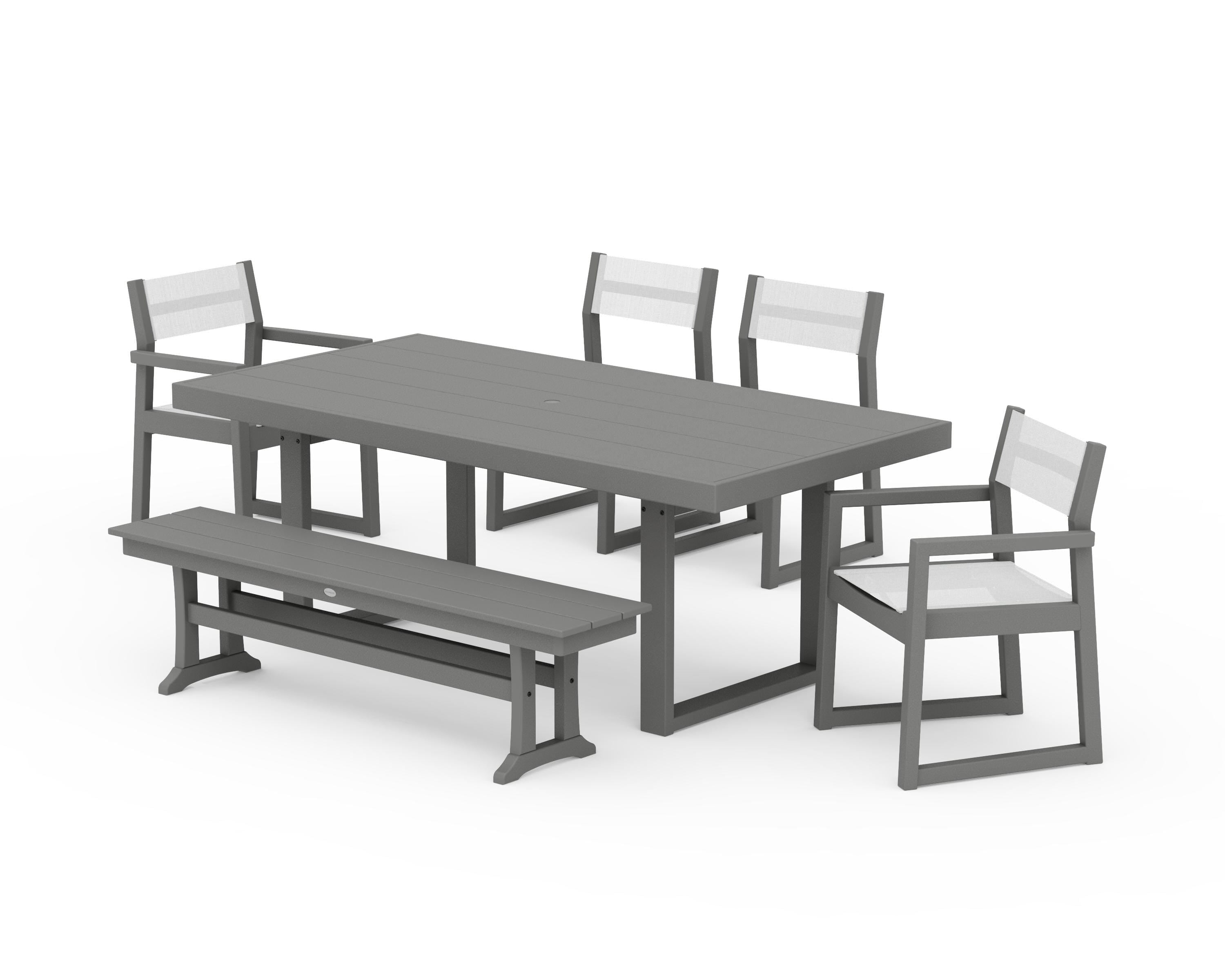 POLYWOOD EDGE Sling 6-Piece Dining Set with Bench in Slate Grey / White Sling