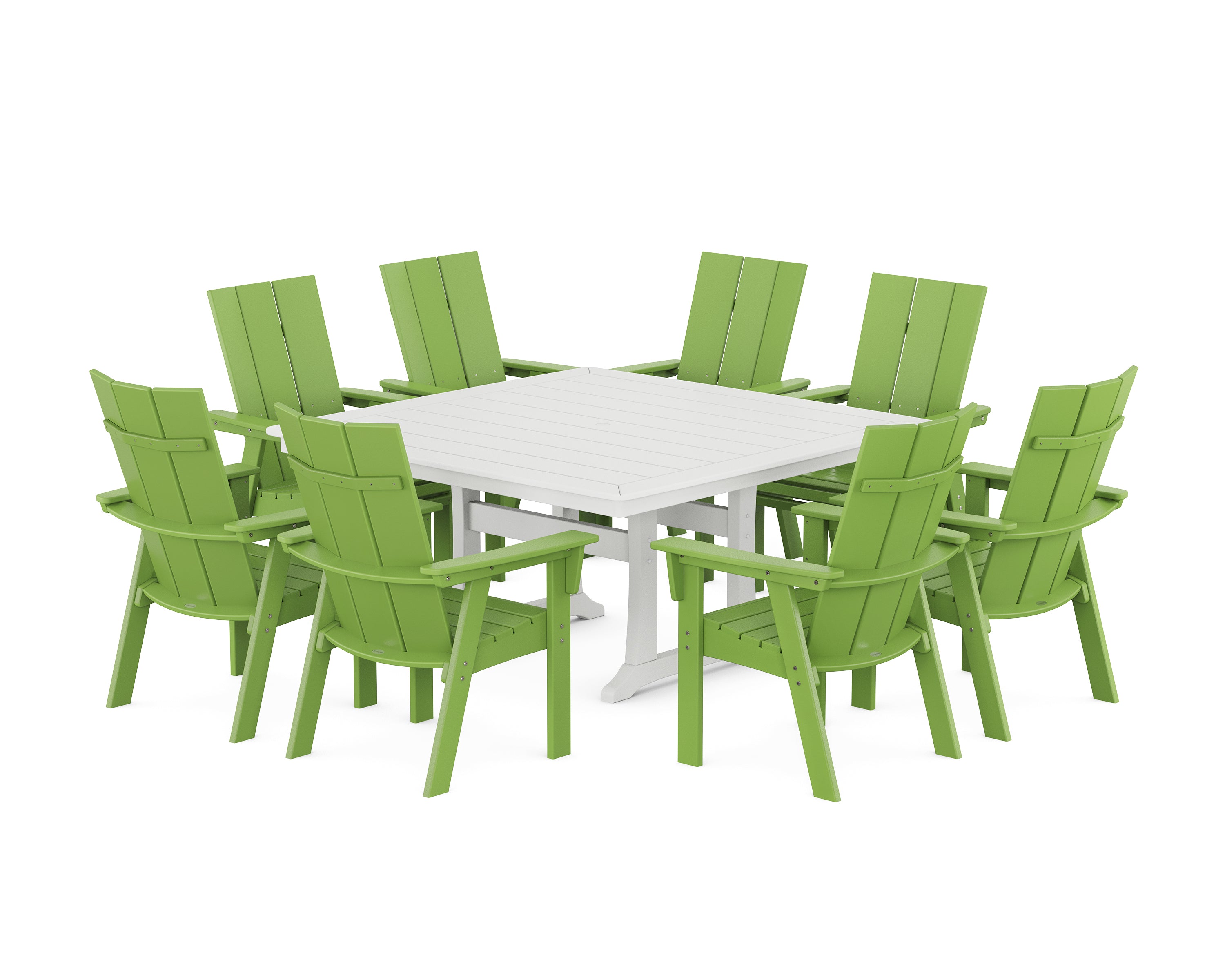 POLYWOOD Modern Curveback Adirondack 9-Piece Square Dining Set with Trestle Legs in Lime / White