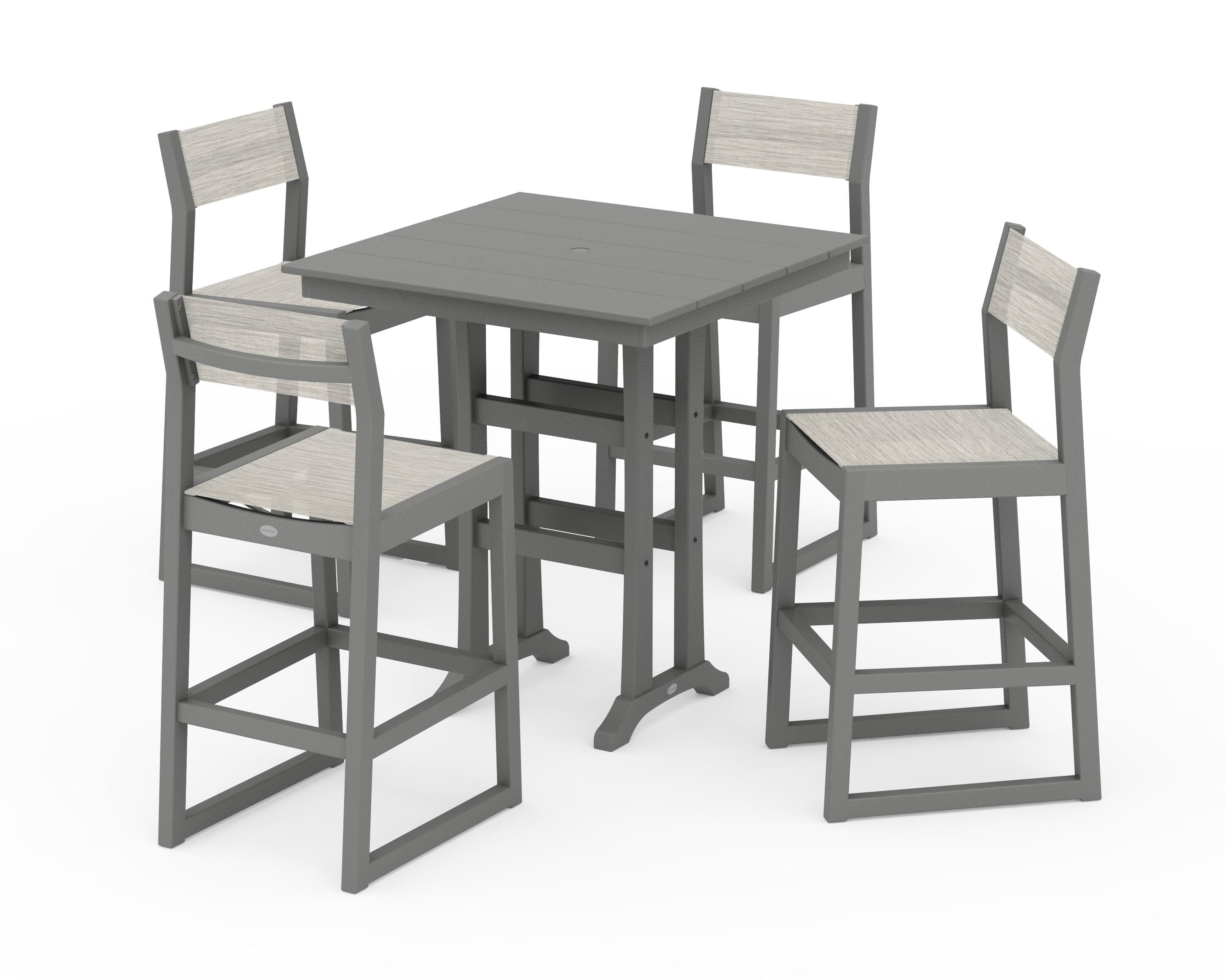 POLYWOOD EDGE Sling Arm Chair 5-Piece Farmhouse Bar Set with Trestle Legs in Slate Grey / Birch Sling