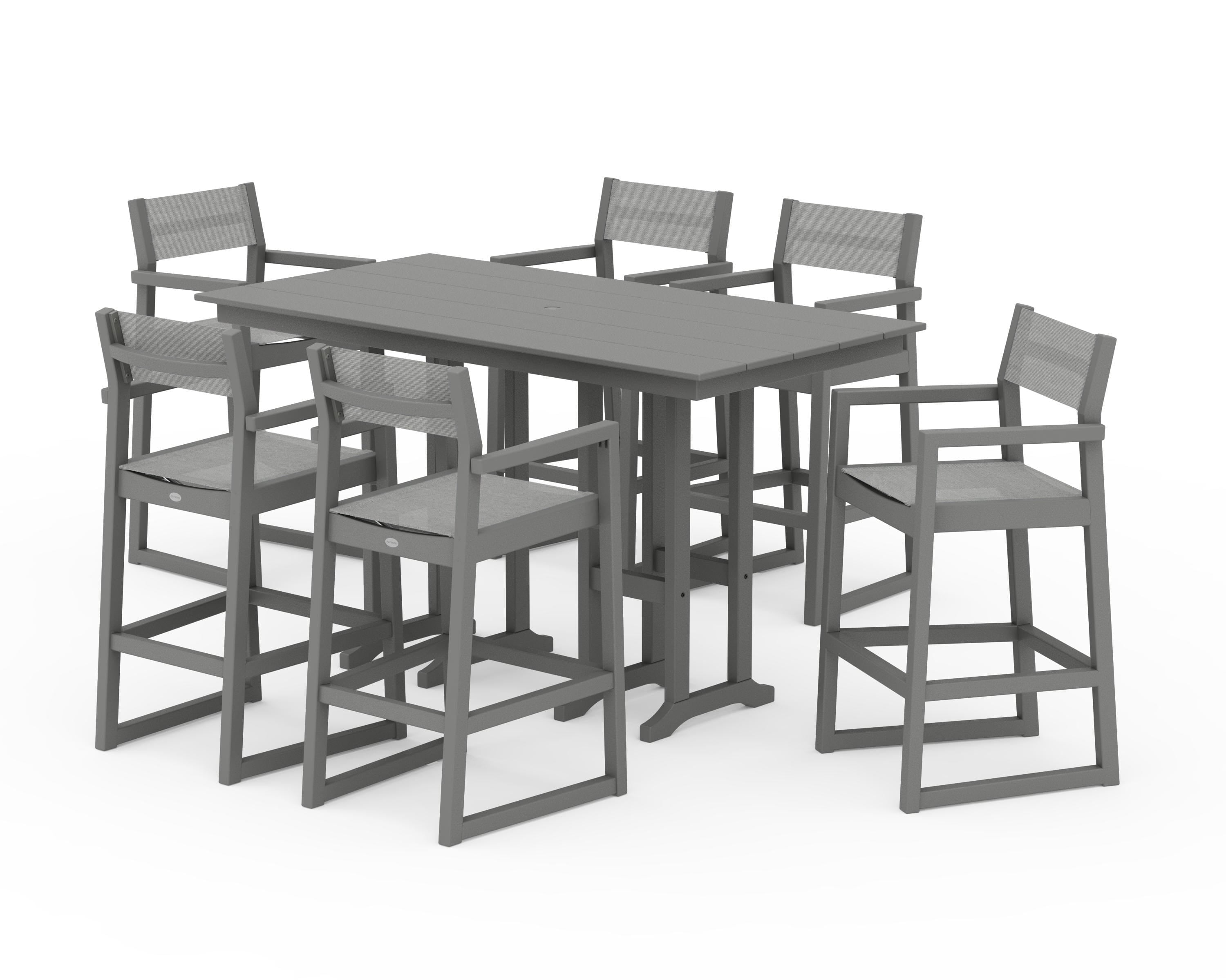 POLYWOOD EDGE Sling Arm Chair 7-Piece Farmhouse Bar Set in Slate Grey / Metallic Sling