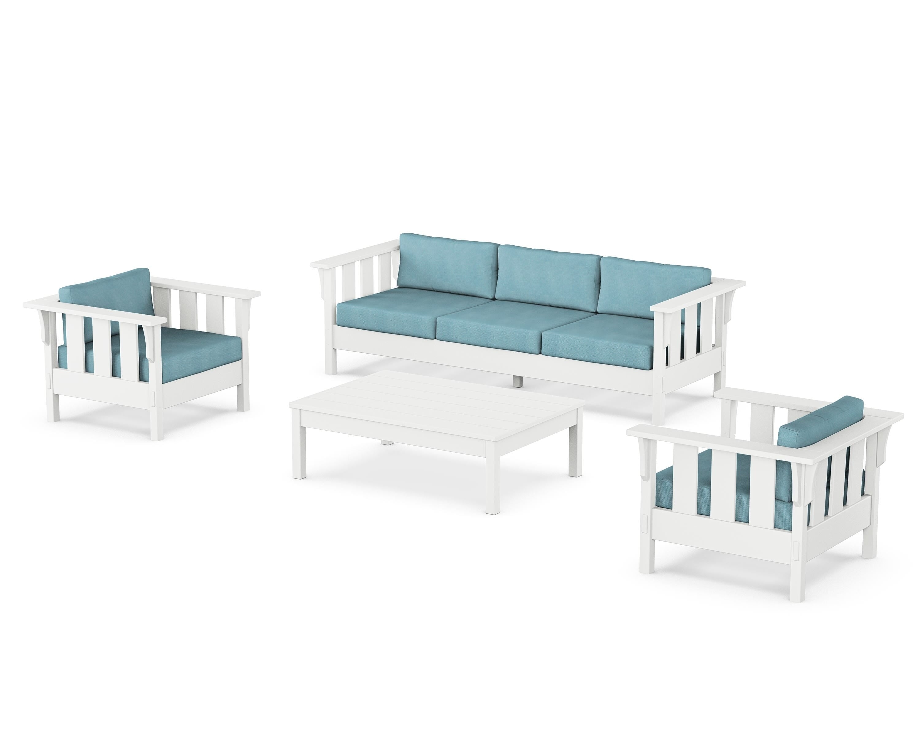 Martha Stewart by POLYWOOD Acadia 4-Piece Deep Seating Set with Sofa in White / Lattice Sky Blue
