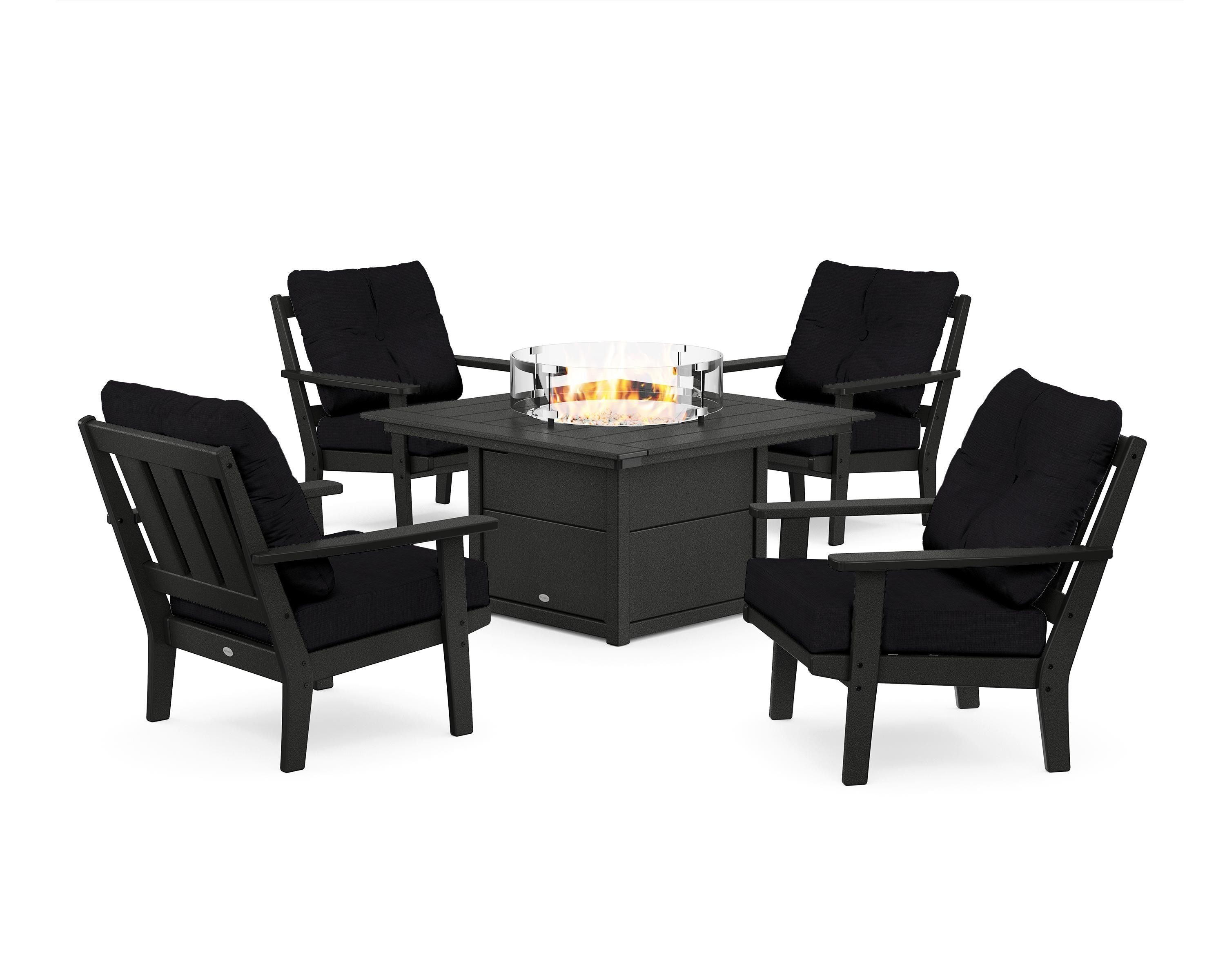 POLYWOOD Oxford 5-Piece Deep Seating Set with Fire Pit Table in Black / Midnight Linen