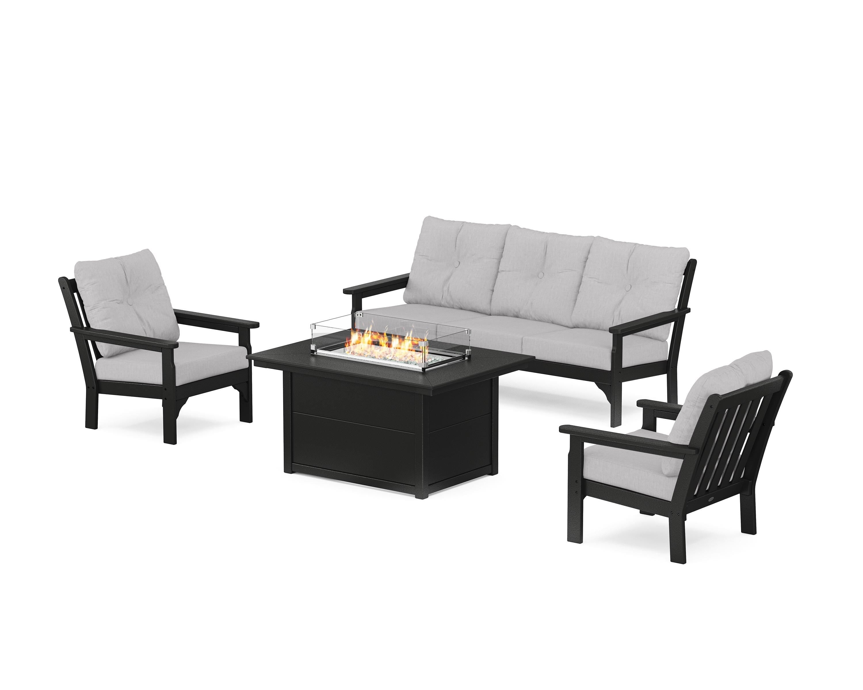 POLYWOOD Vineyard Deep Seating Fire Pit Table Set in Black / Granite